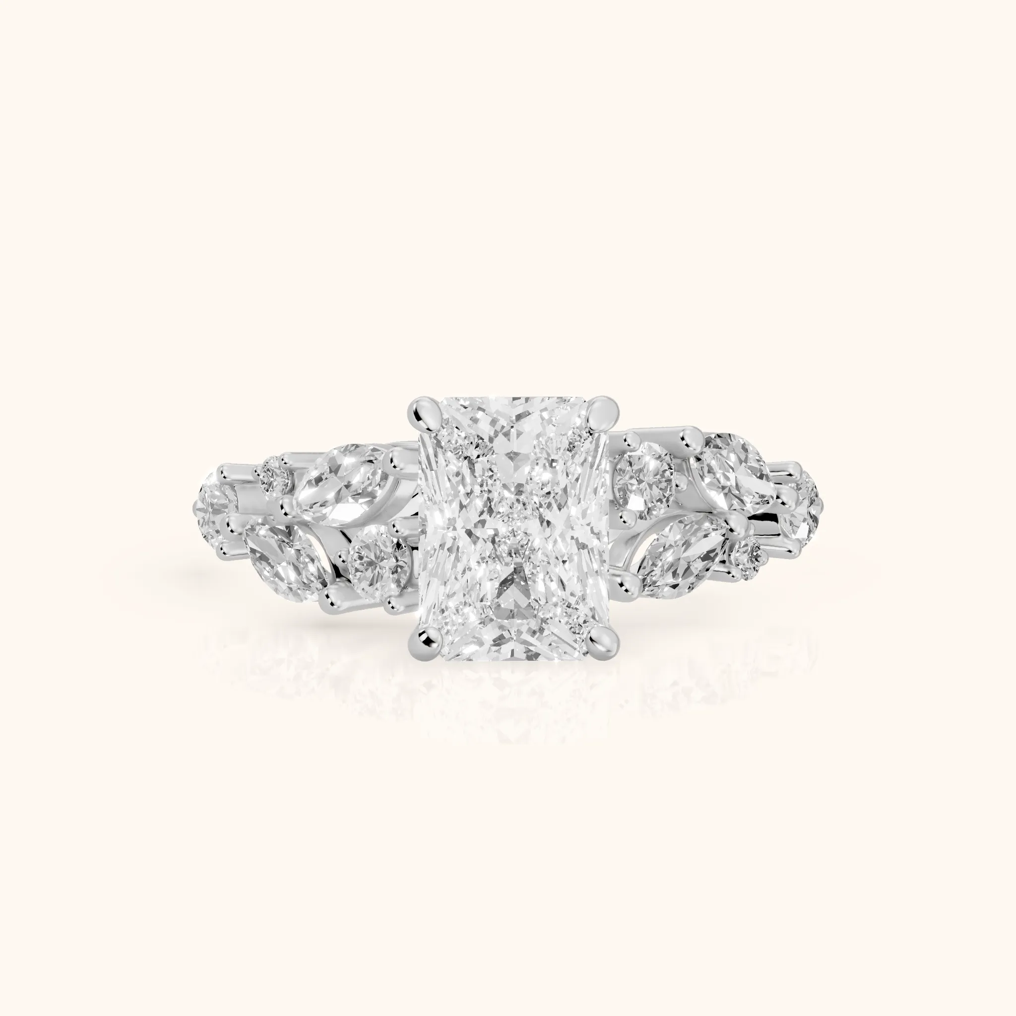 Kelsey Leaf Cluster Radiant Diamond Engagement Ring in Silver — view 1