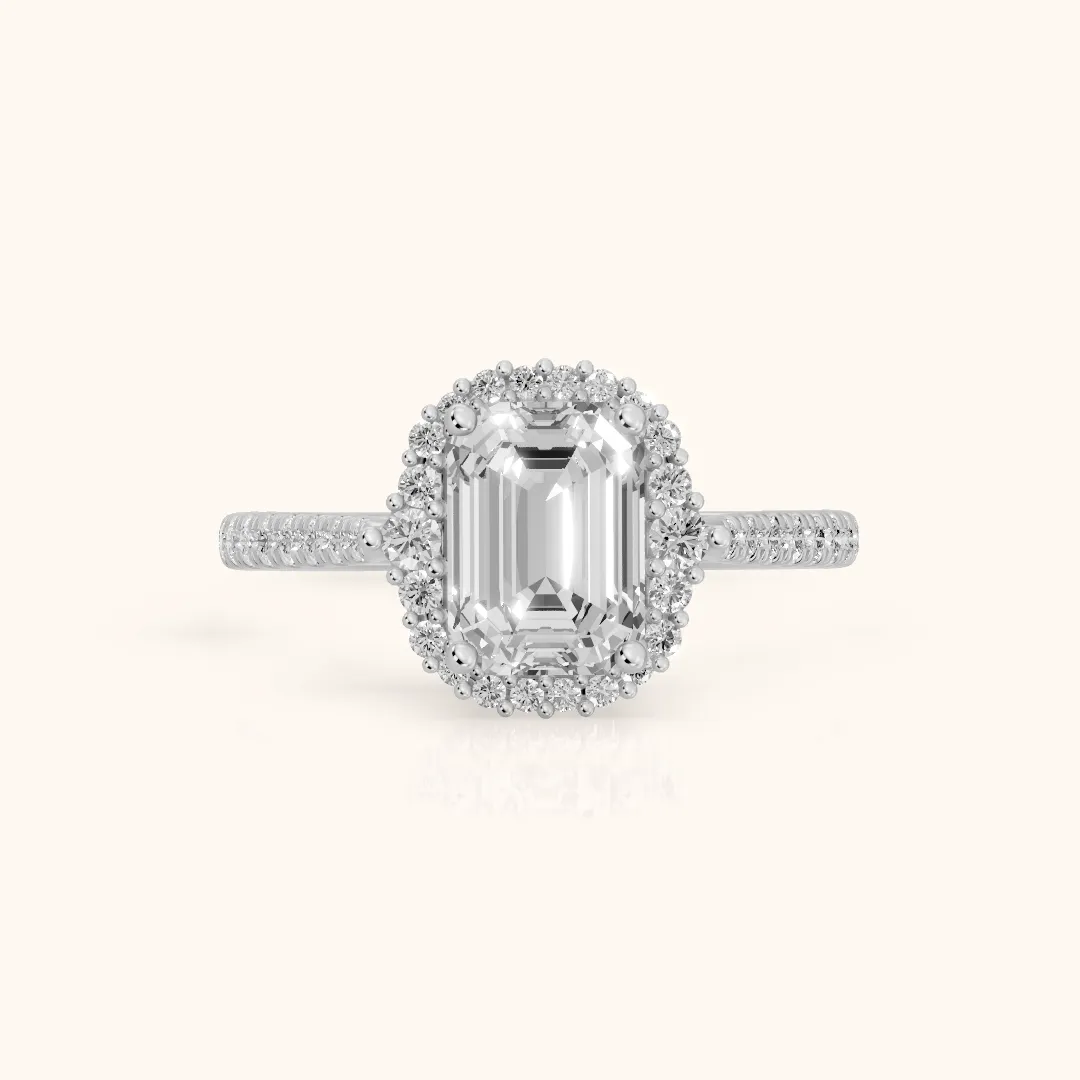 Melody Halo Cathedral Emerald Diamond Engagement Ring in Platinum — view 2