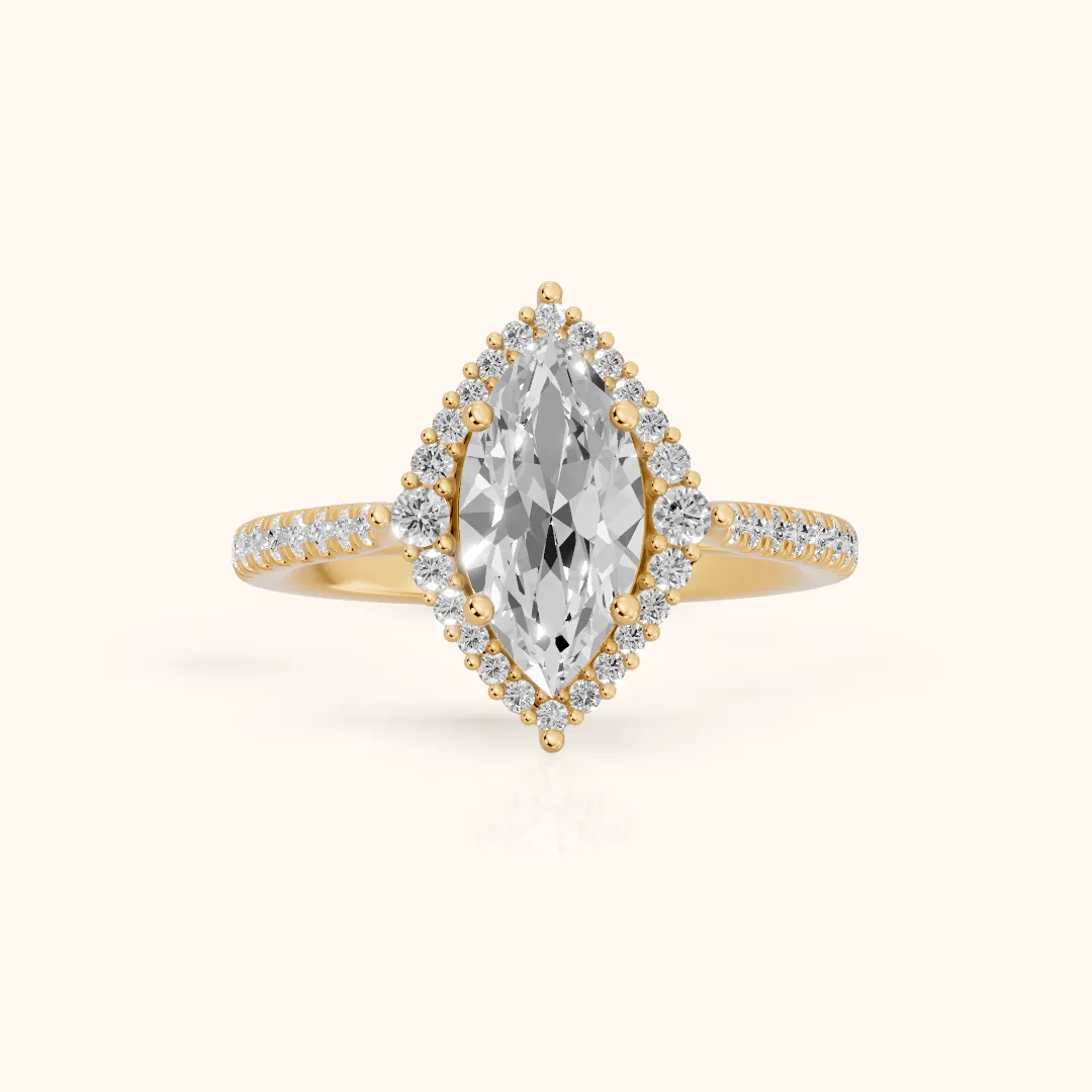 Melody Halo Cathedral Marquise Diamond Engagement Ring in Yellow Gold — view 2