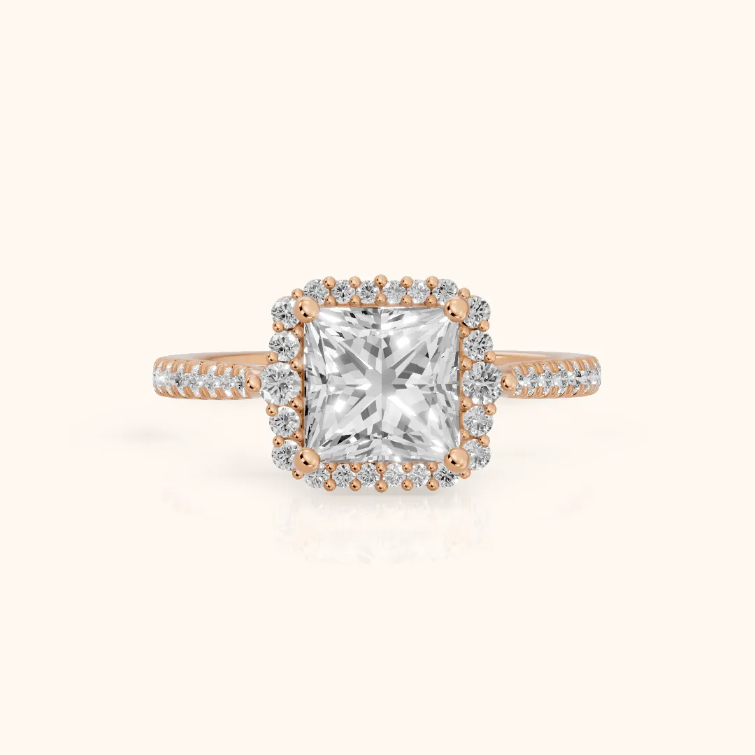 Melody Halo Cathedral Princess Diamond Engagement Ring in Rose Gold — view 2