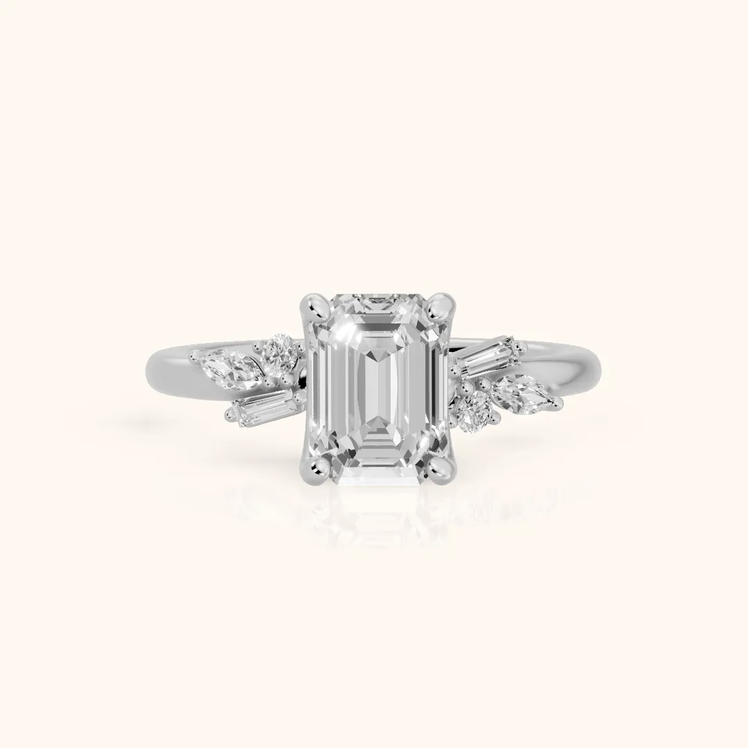 Morgan Baguette Cluster Emerald Diamond Engagement Ring in Silver — view 2