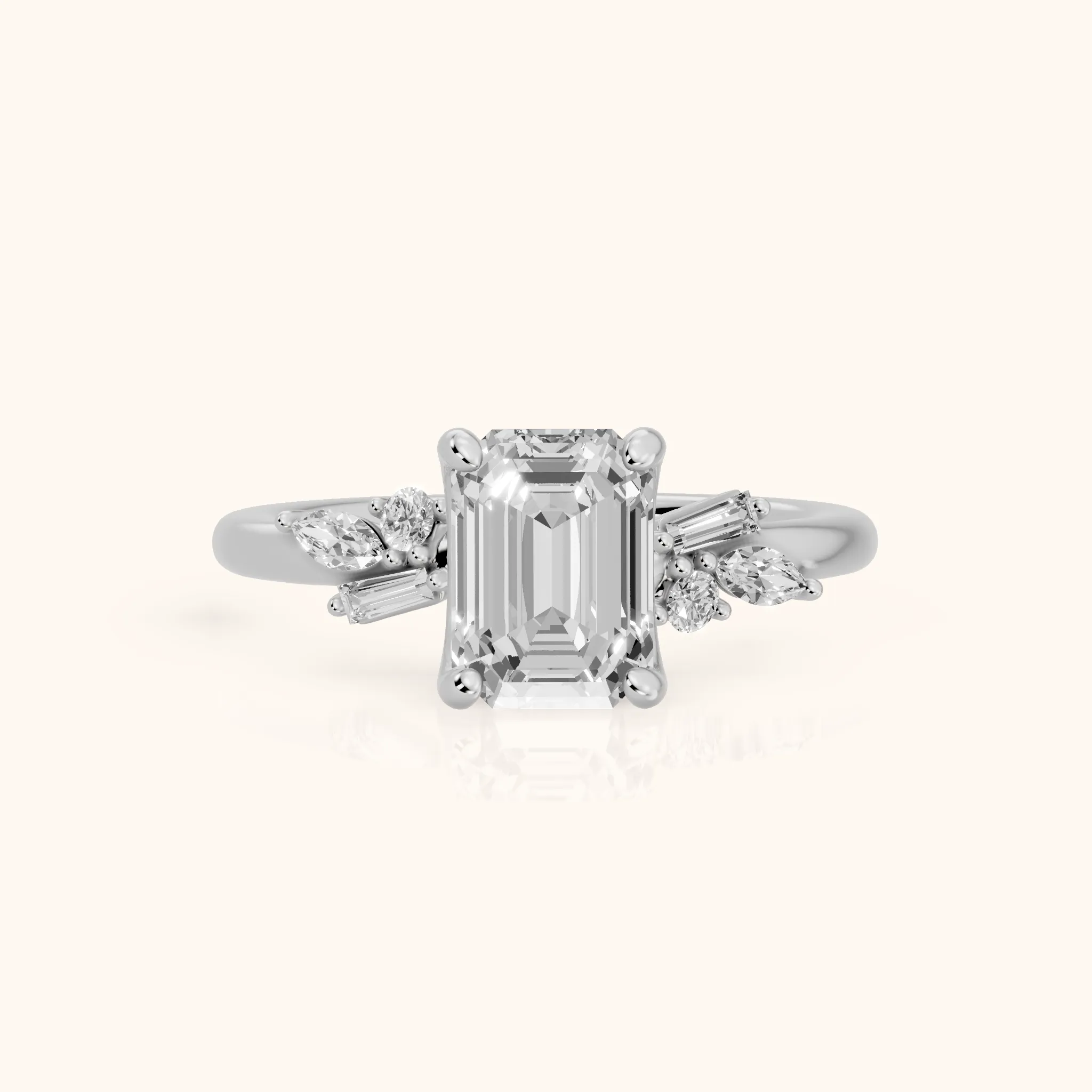 Morgan Baguette Cluster Emerald Diamond Engagement Ring in Silver — view 1