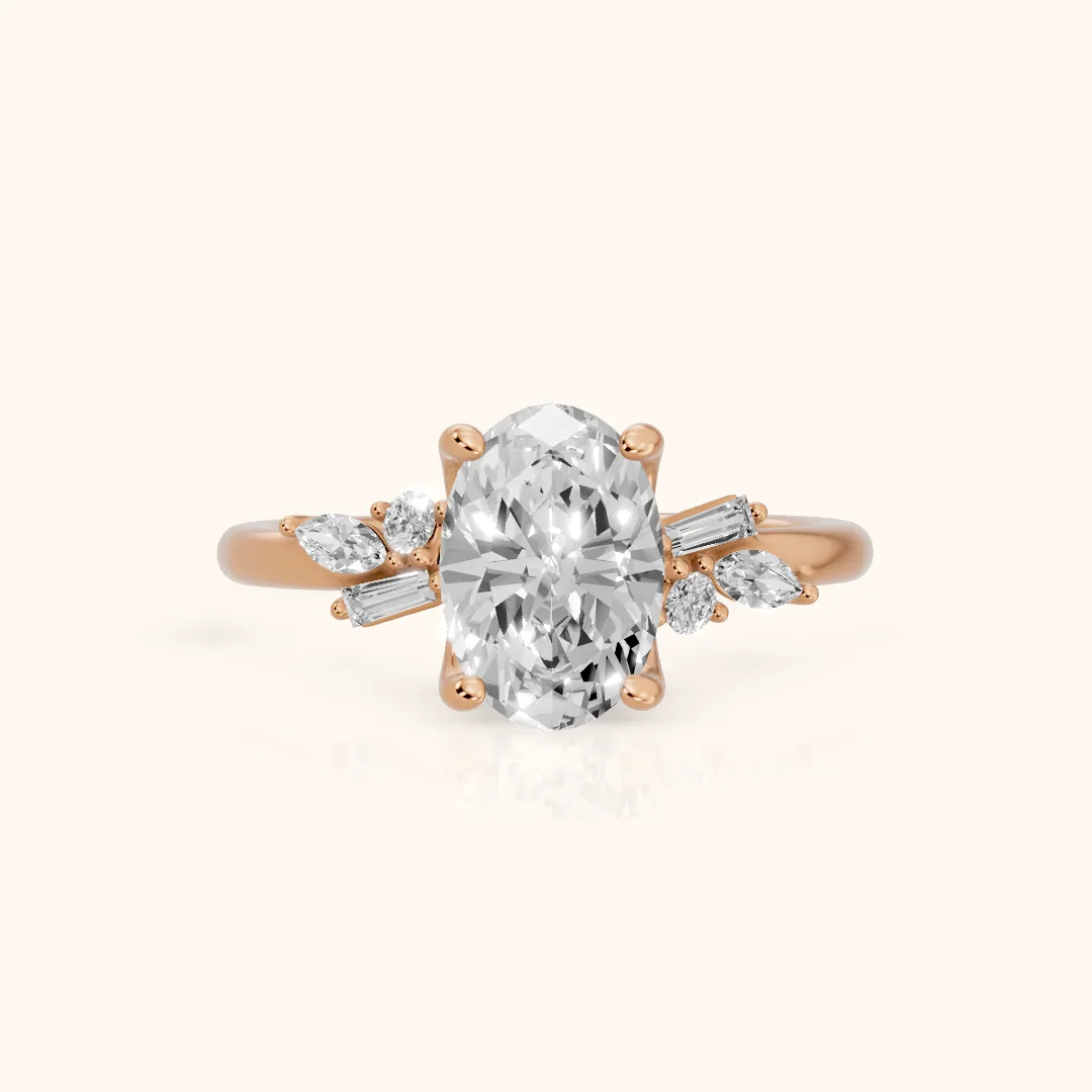 Morgan Baguette Cluster Oval Diamond Engagement Ring in Rose Gold — view 2