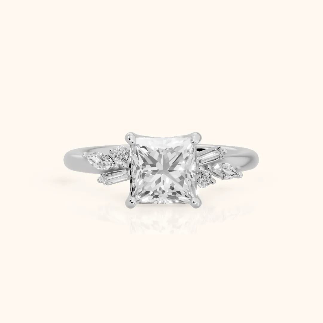 Morgan Baguette Cluster Princess Diamond Engagement Ring in Silver — view 2