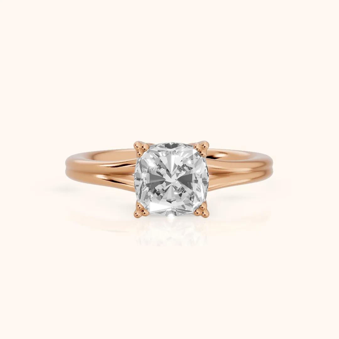 Neve Solitaire Split Shank Cushion Diamond Engagement Ring in Rose Gold — view 2