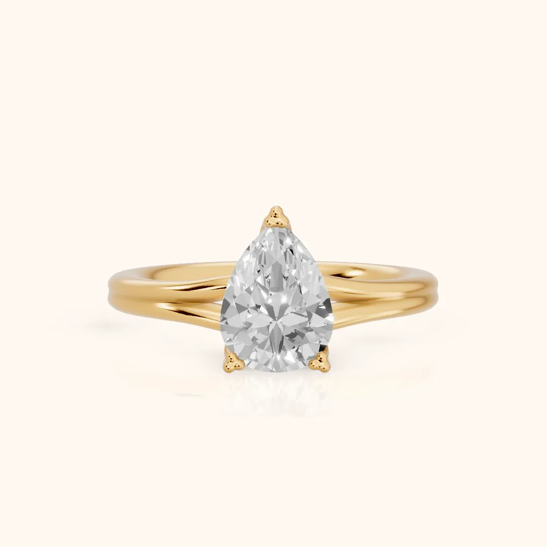 Neve Solitaire Split Shank Pear Diamond Engagement Ring in Yellow Gold — view 2