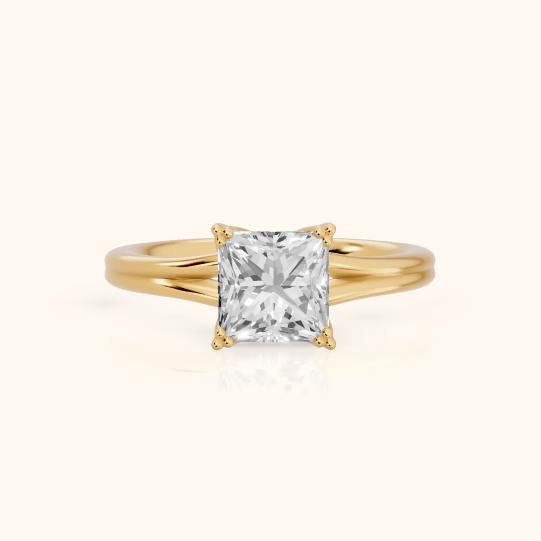 Neve Solitaire Split Shank Princess Diamond Engagement Ring in Yellow Gold — view 2