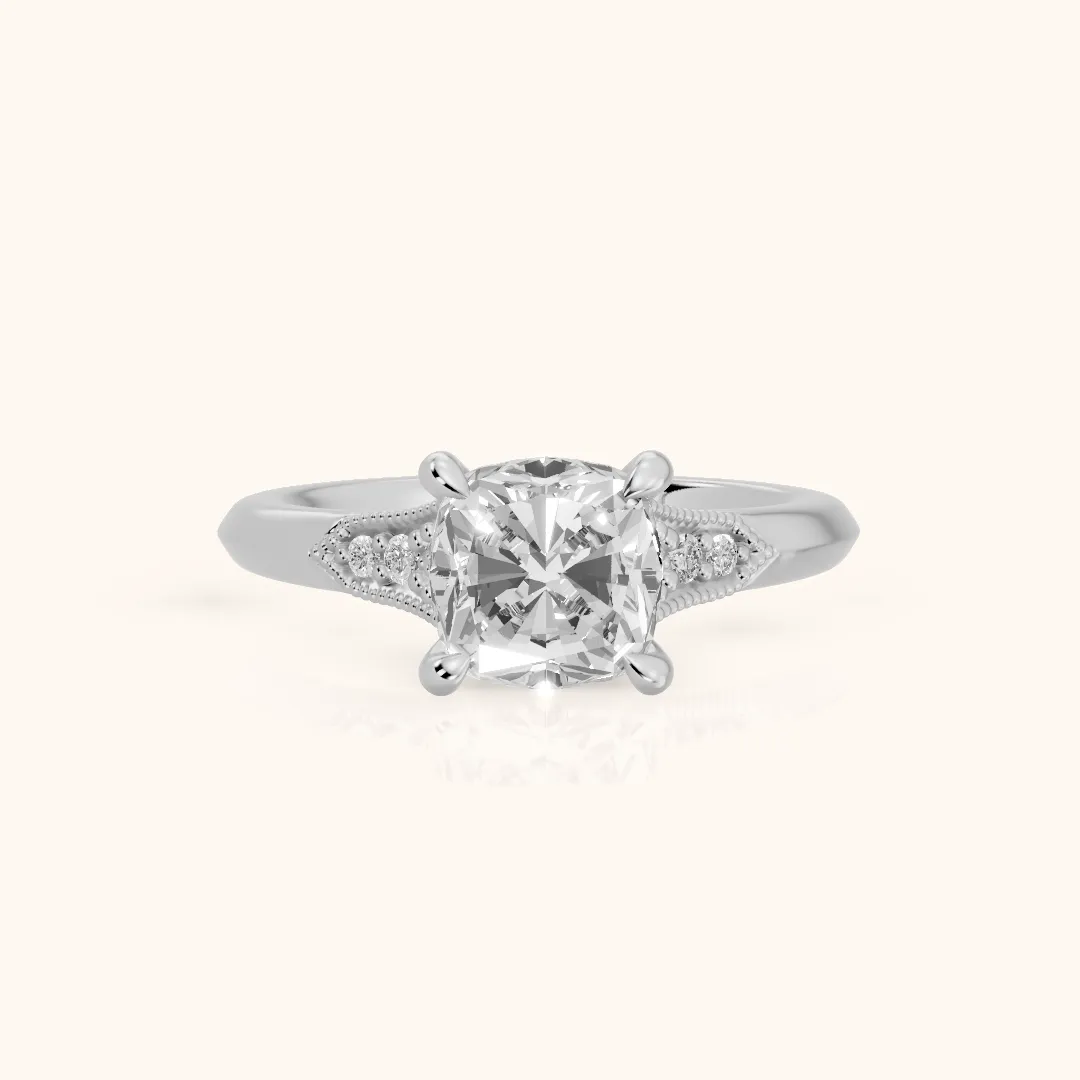 Paisley Milgrain Pavé Cushion Diamond Engagement Ring in White Gold — view 2