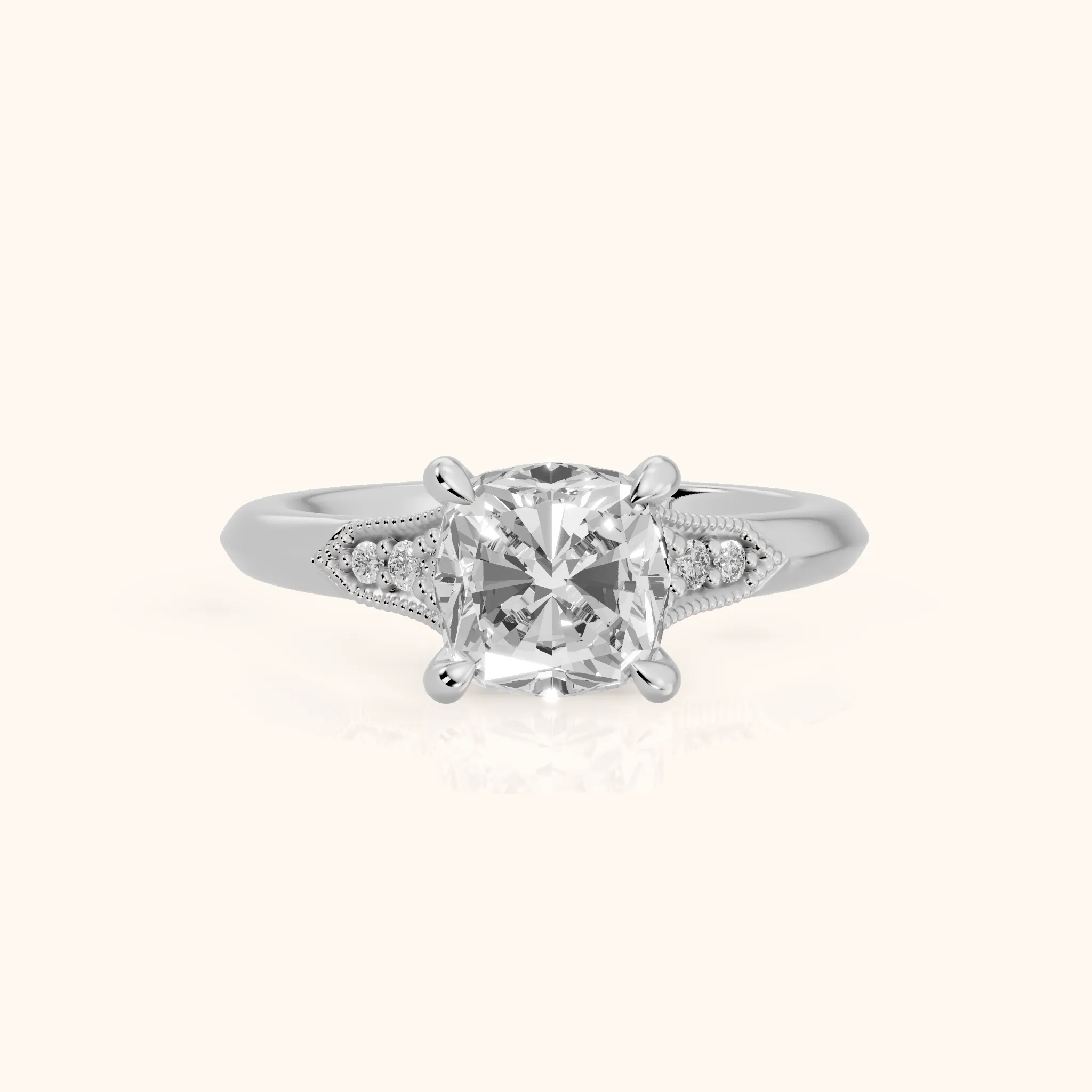 Paisley Milgrain Pavé Cushion Diamond Engagement Ring in White Gold — view 1