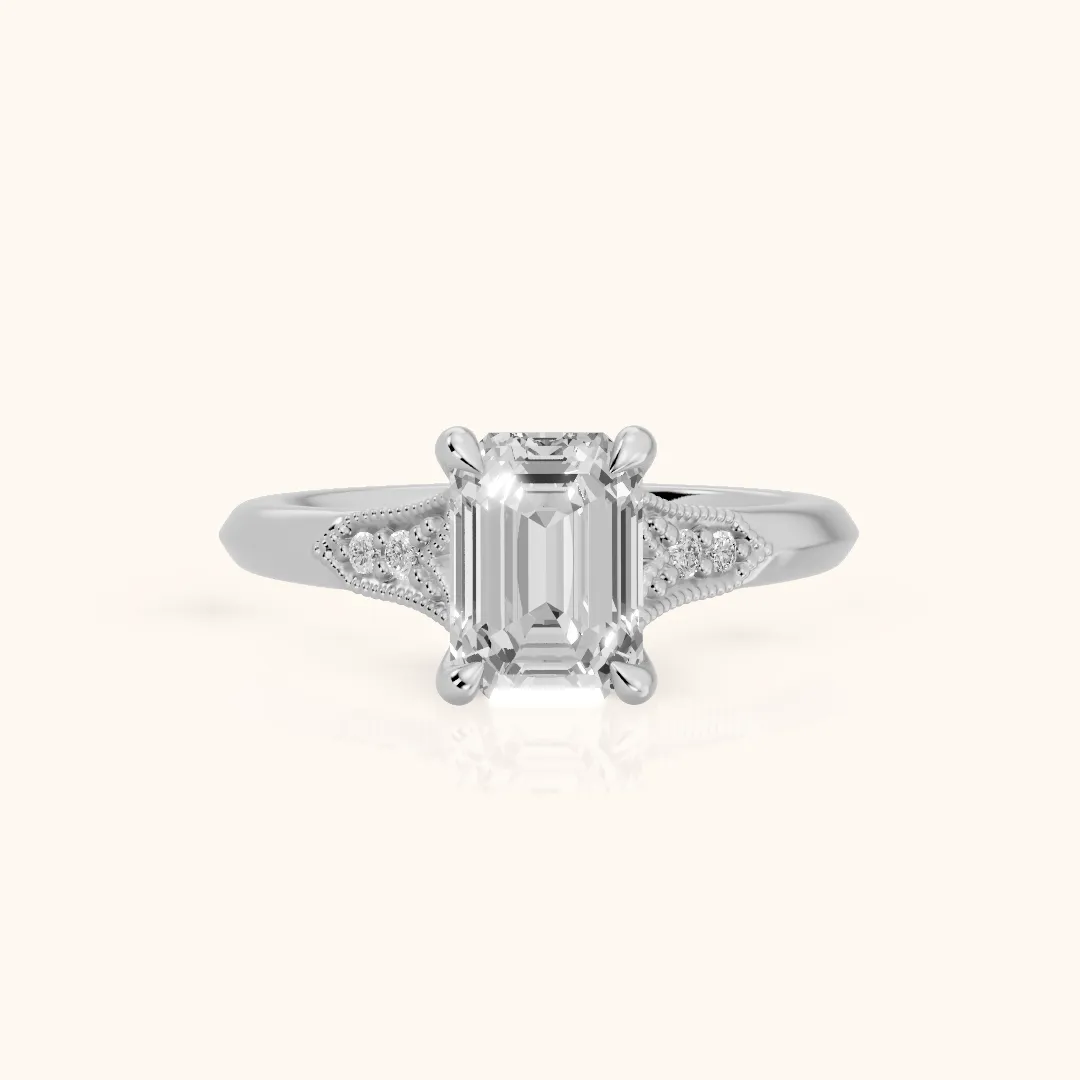 Paisley Milgrain Pavé Emerald Diamond Engagement Ring in White Gold — view 2