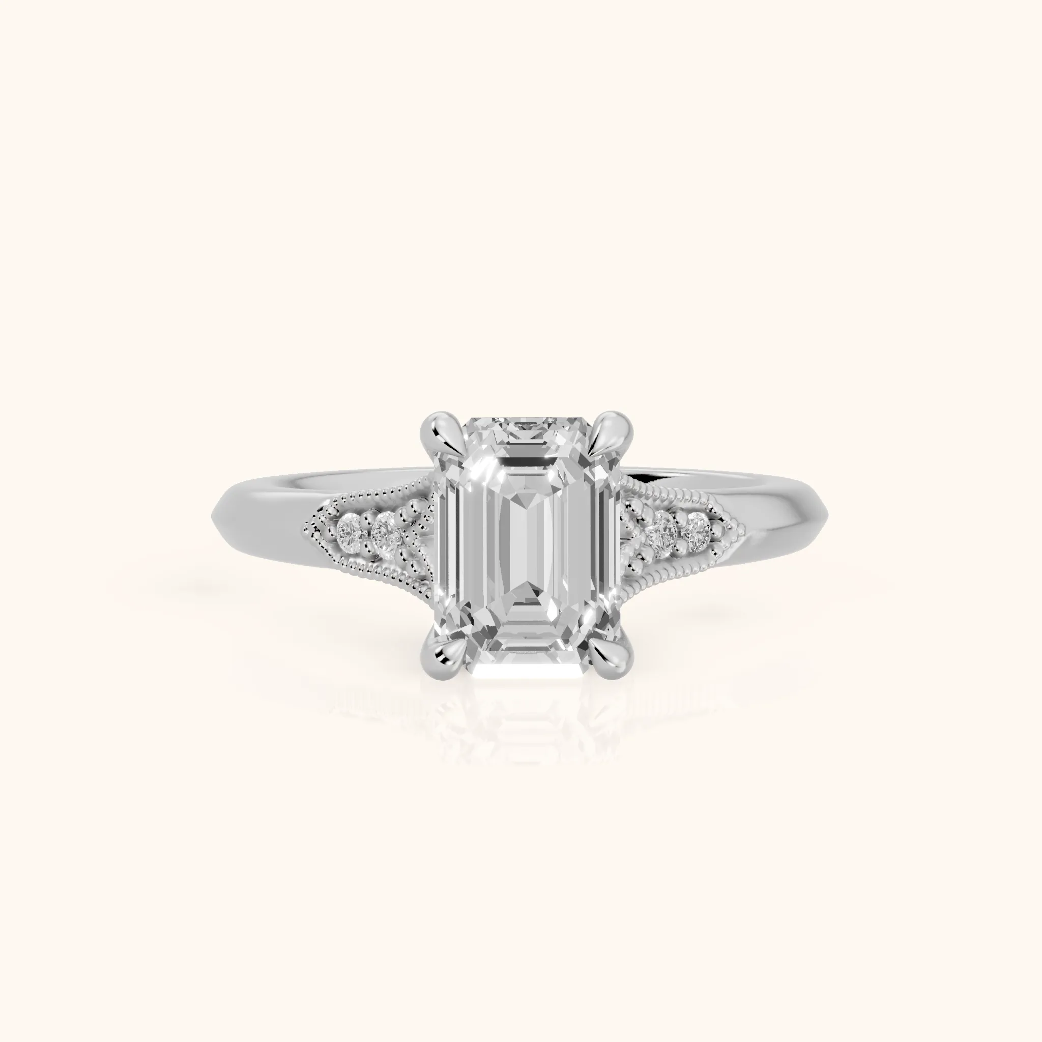 Paisley Milgrain Pavé Emerald Diamond Engagement Ring in White Gold — view 1