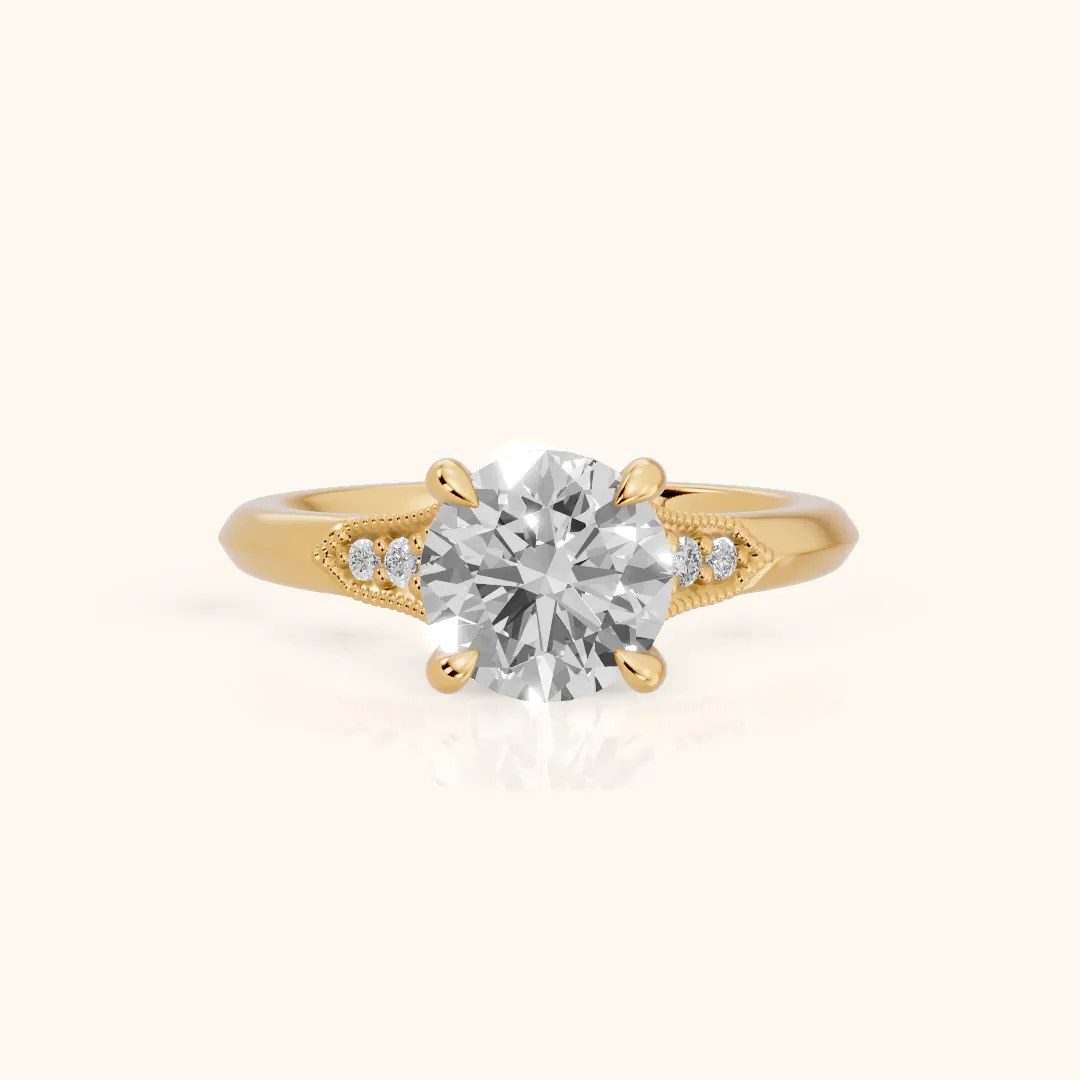 Paisley Milgrain Pavé Round Diamond Engagement Ring in Yellow Gold — view 2