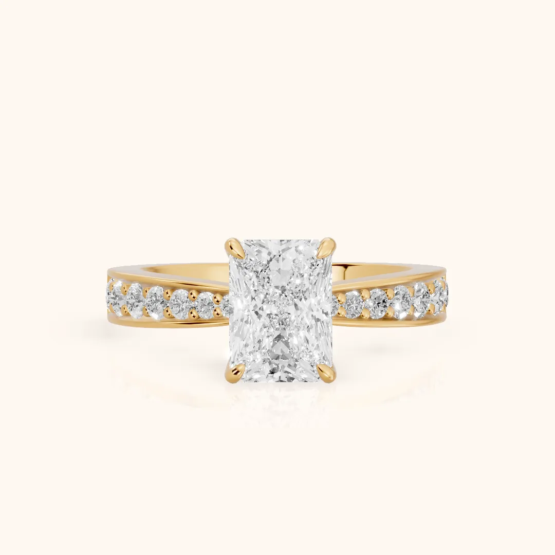 Riley Cathedral Pavé Radiant Diamond Engagement Ring in Yellow Gold — view 2