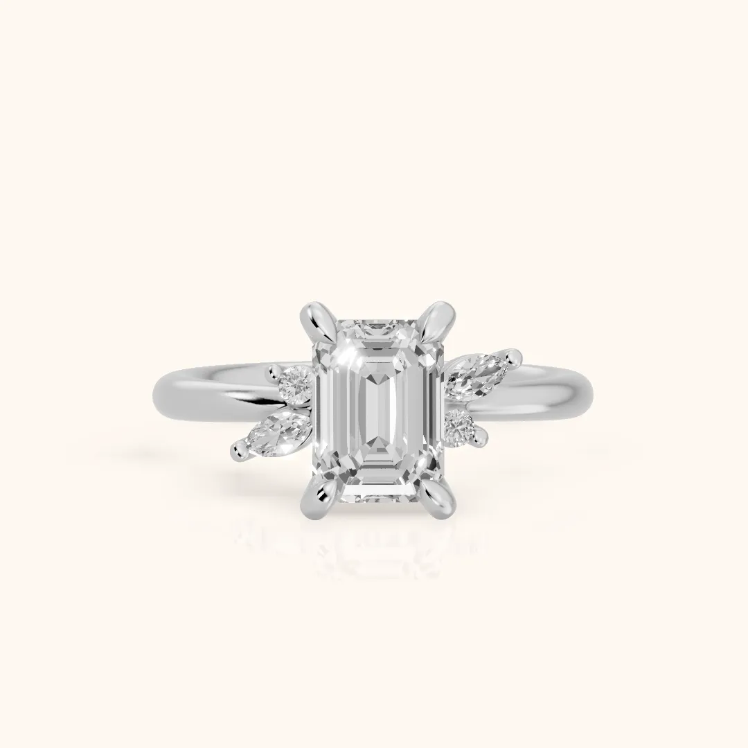 Billie Leaf Cluster Emerald Diamond Engagement Ring in Silver — view 2
