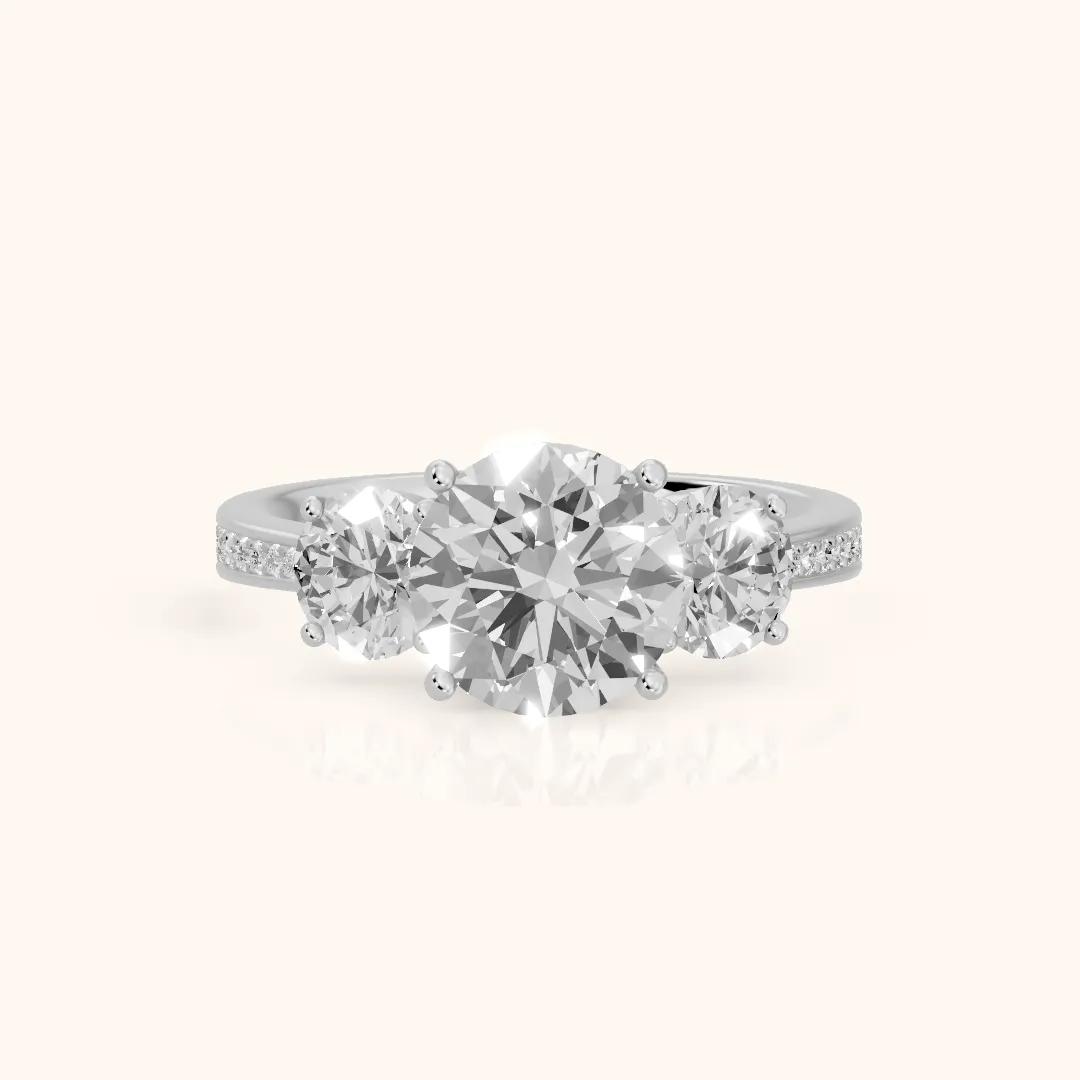 Brianna Three-Stone Pavé Round Diamond Engagement Ring in White Gold — view 2