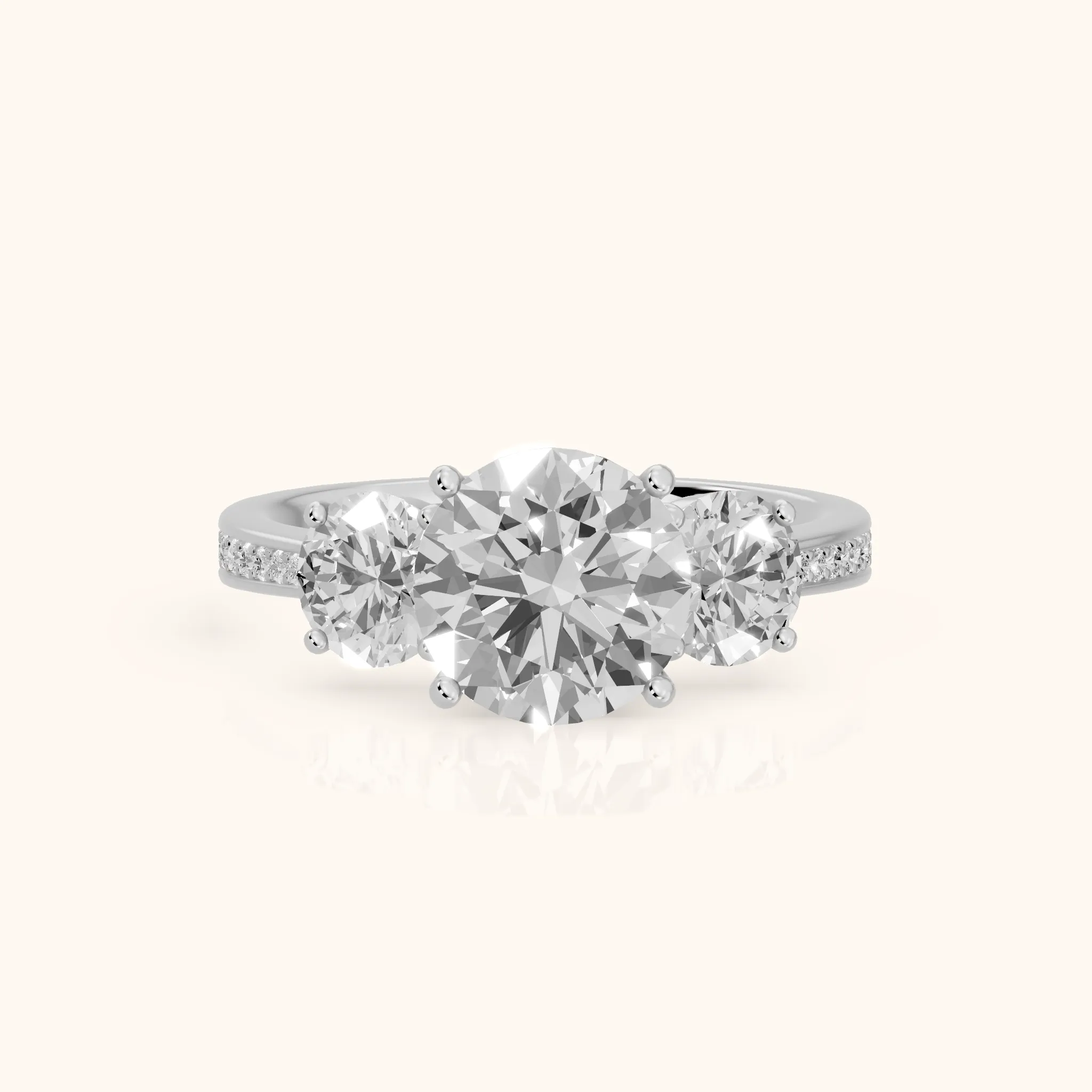 Brianna Three-Stone Pavé Round Diamond Engagement Ring in White Gold — view 1