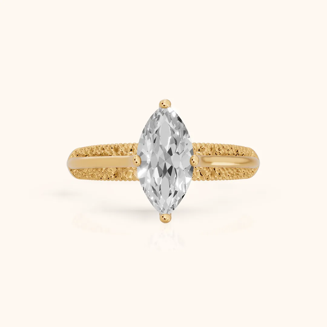 Gillian Vintage Split Shank Marquise Diamond Engagement Ring in Yellow Gold — view 2