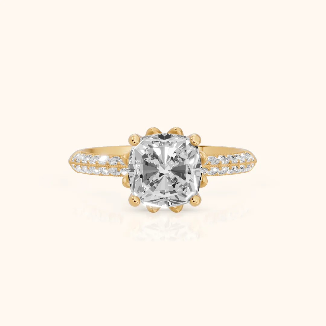 Jasmine Knife Edge Pavé Cushion Diamond Engagement Ring in Yellow Gold — view 2