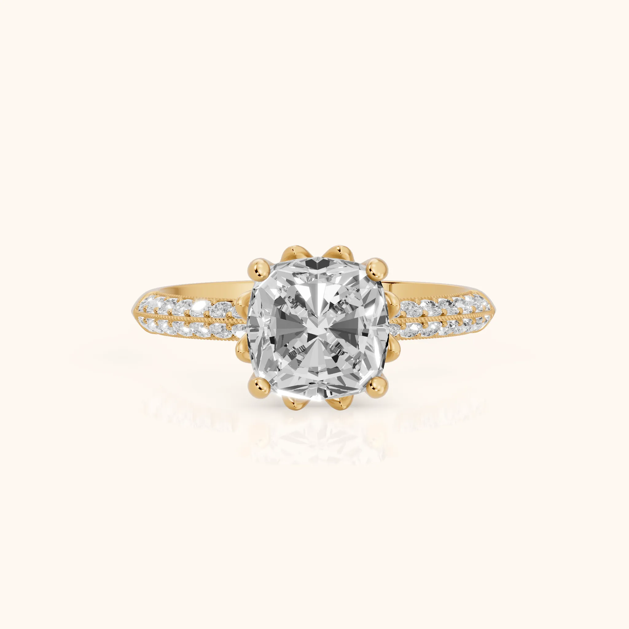 Jasmine Knife Edge Pavé Cushion Diamond Engagement Ring in Yellow Gold — view 1