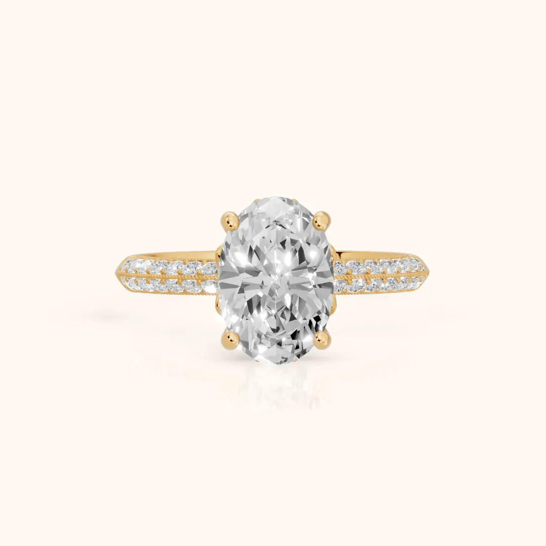 Jasmine Knife Edge Pavé Oval Diamond Engagement Ring in Yellow Gold — view 2