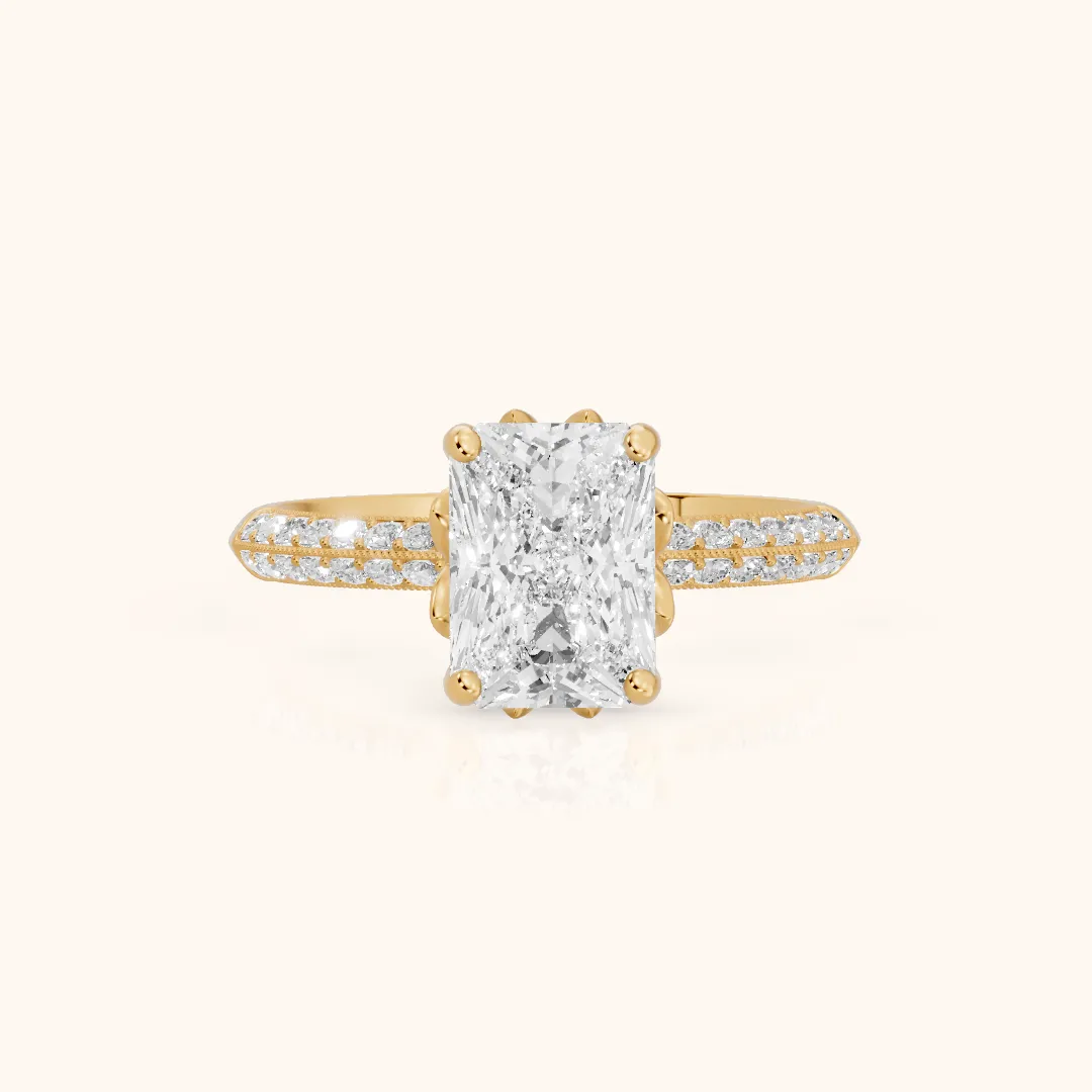Jasmine Knife Edge Pavé Radiant Diamond Engagement Ring in Yellow Gold — view 2