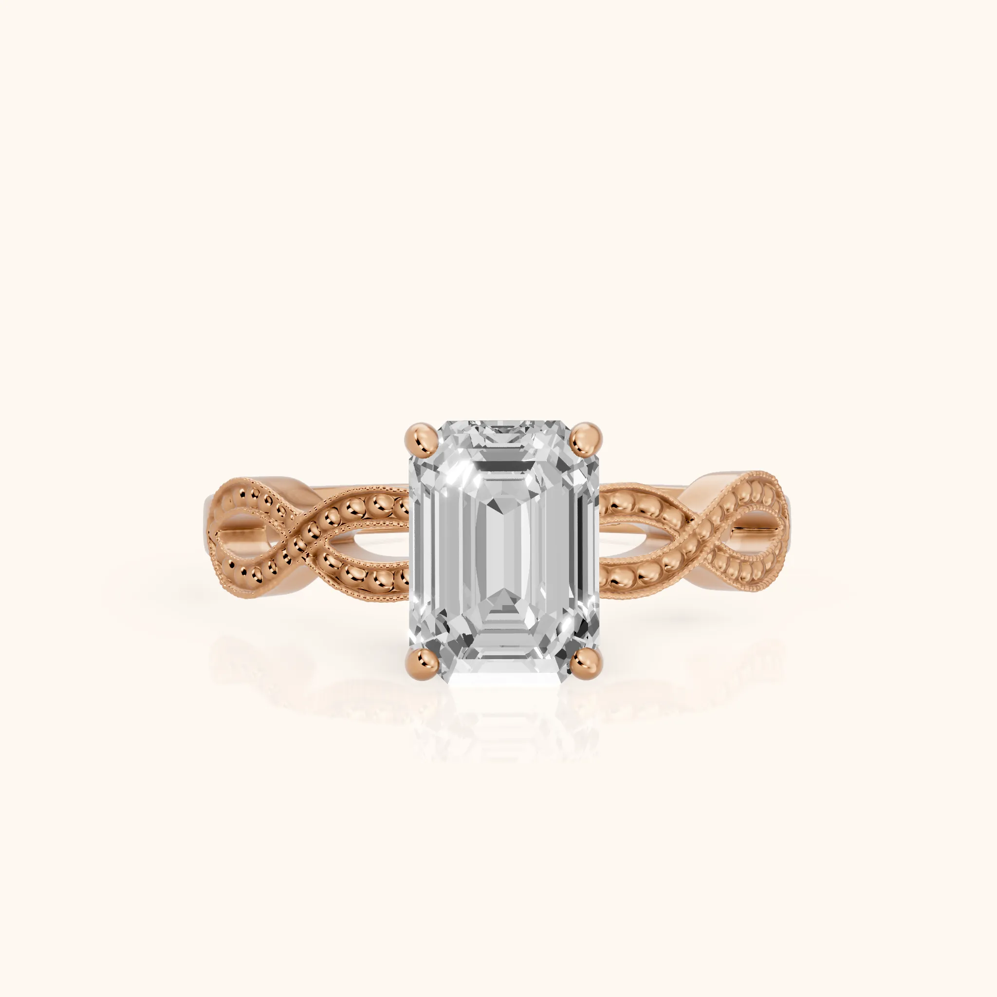 Jeanie Twist Solitaire Emerald Diamond Engagement Ring in Rose Gold — view 1