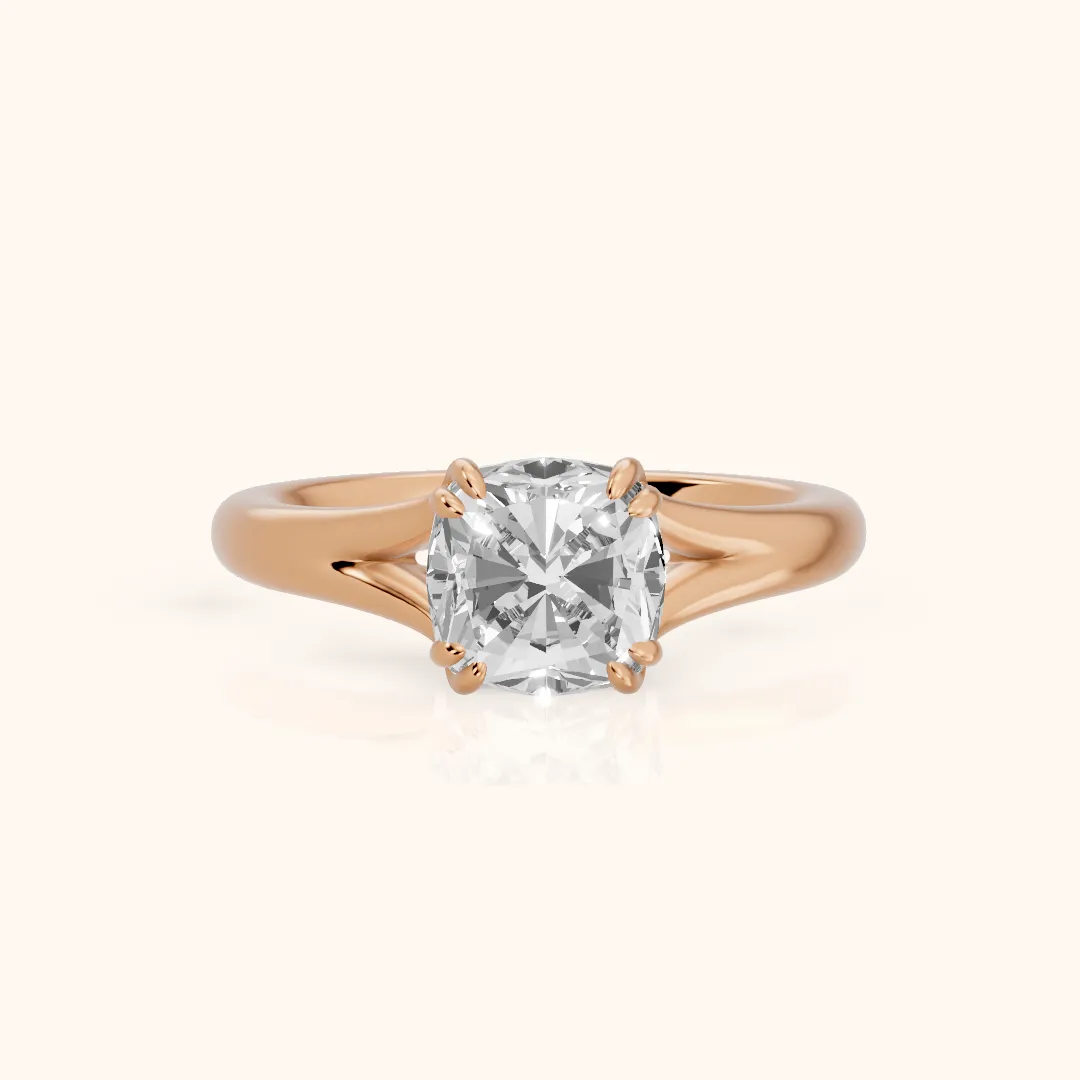 Jillian Solitaire Split Shank Cushion Diamond Engagement Ring in Rose Gold — view 2