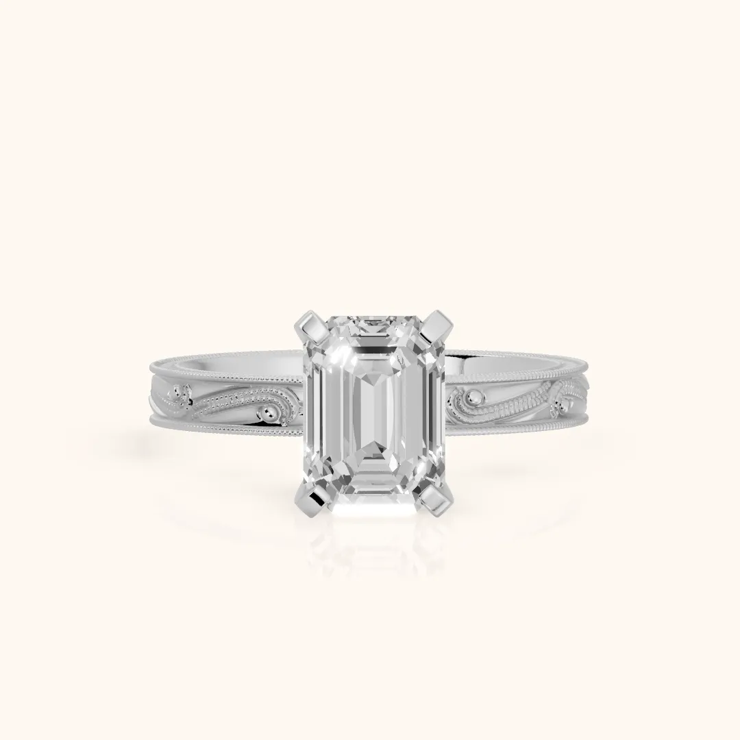 Abbie Engraved Solitaire Emerald Diamond Engagement Ring in Silver — view 2