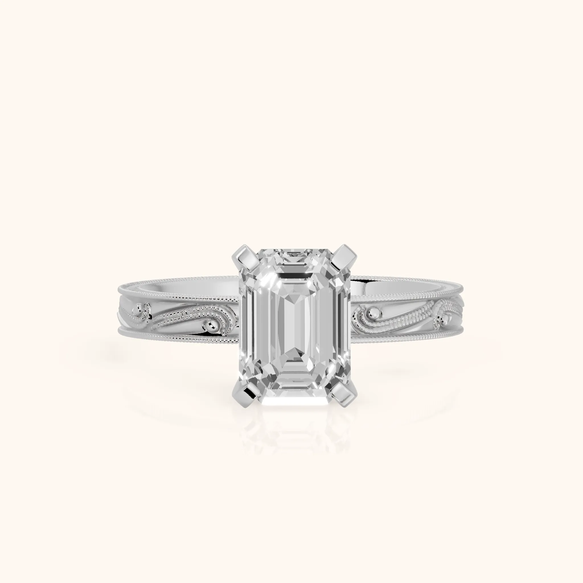 Abbie Engraved Solitaire Emerald Diamond Engagement Ring in Silver — view 1