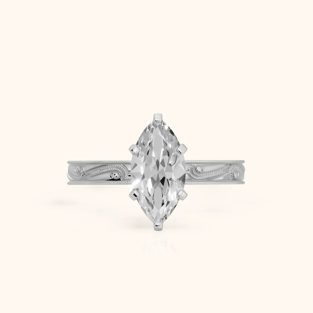 Abbie Engraved Solitaire Marquise Diamond Engagement Ring in Silver — view 2