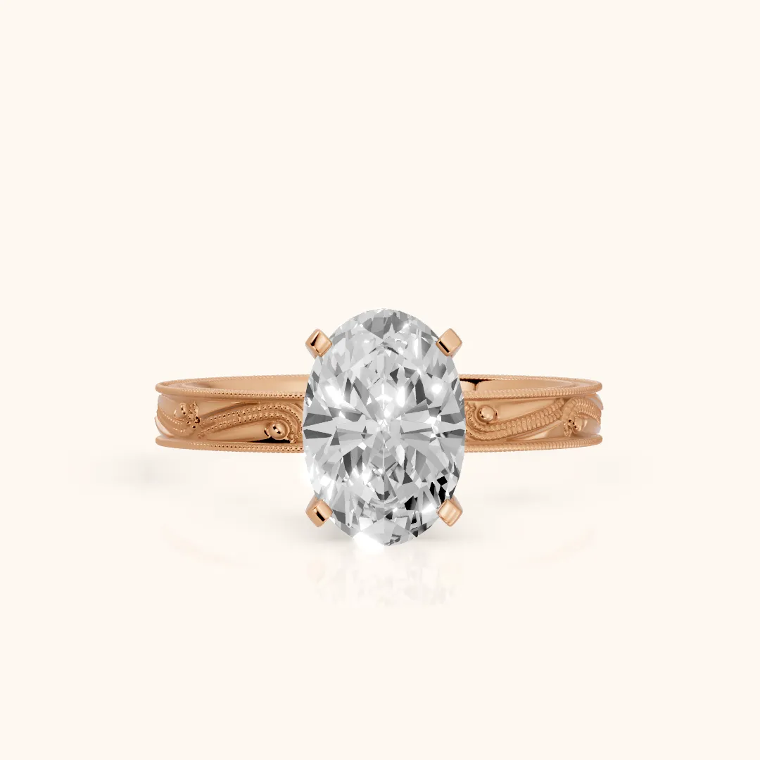 Abbie Engraved Solitaire Oval Diamond Engagement Ring in Rose Gold — view 2