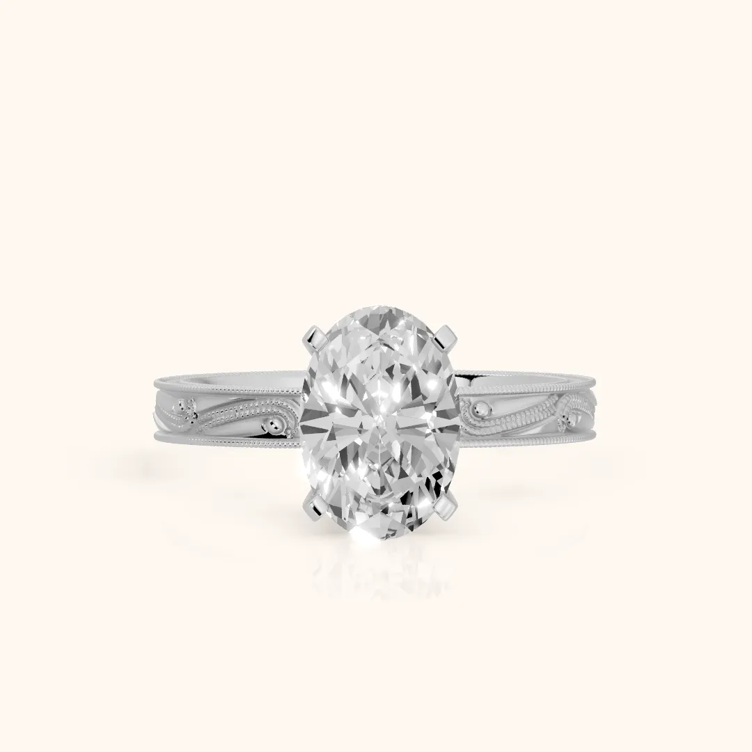 Abbie Engraved Solitaire Oval Diamond Engagement Ring in White Gold — view 2