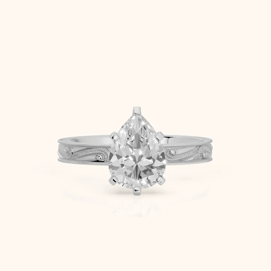 Abbie Engraved Solitaire Pear Diamond Engagement Ring in Silver — view 2