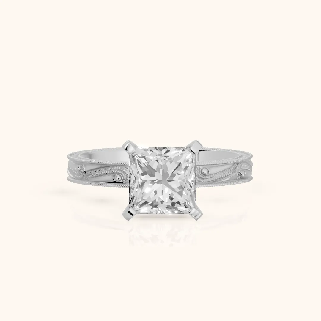 Abbie Engraved Solitaire Princess Diamond Engagement Ring in White Gold — view 2