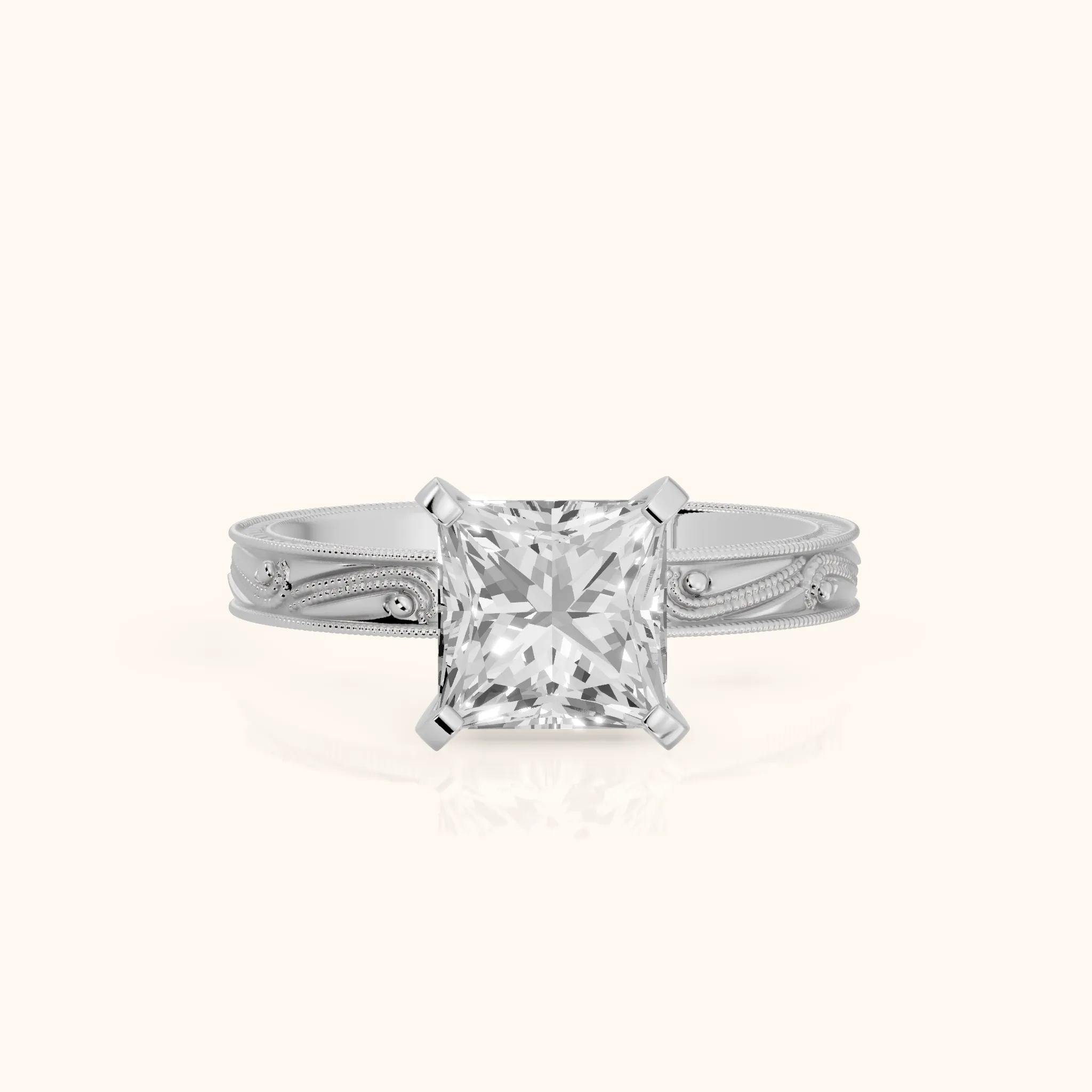 Abbie Engraved Solitaire Princess Diamond Engagement Ring in White Gold — view 1