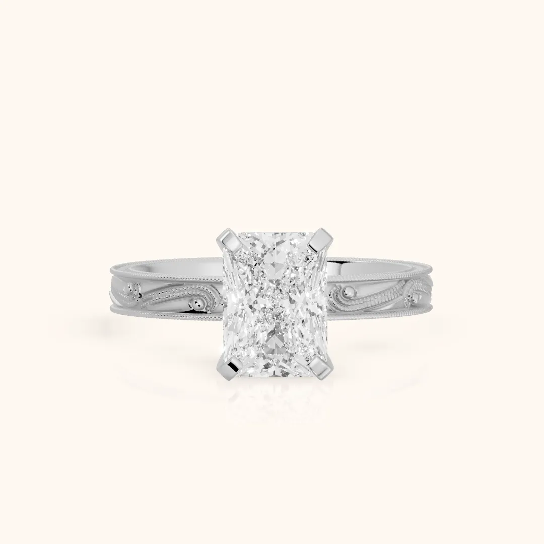 Abbie Engraved Solitaire Radiant Diamond Engagement Ring in Platinum — view 2