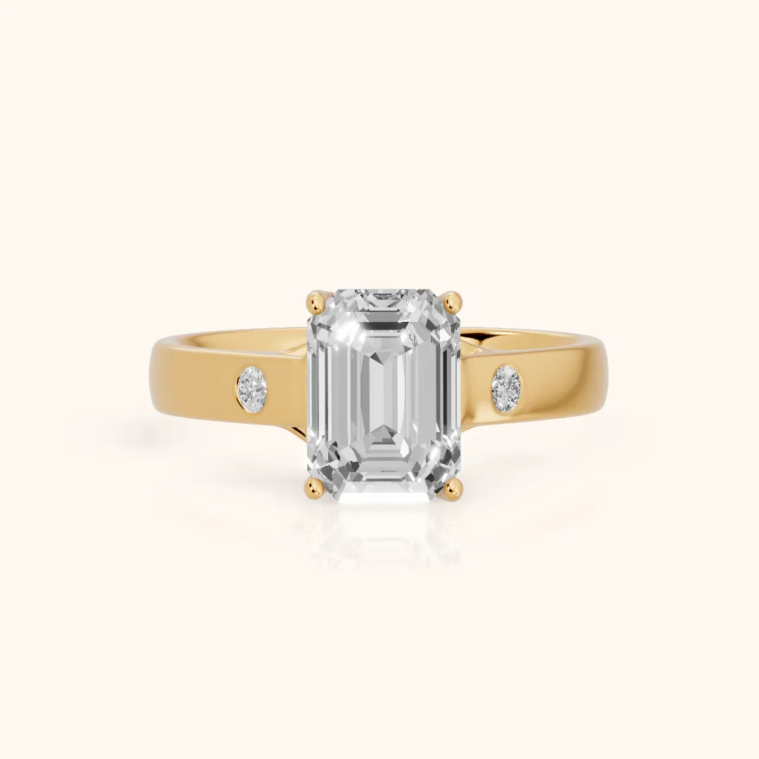 Bonita Wide Band Cathedral Emerald Diamond Engagement Ring in Yellow Gold — view 2