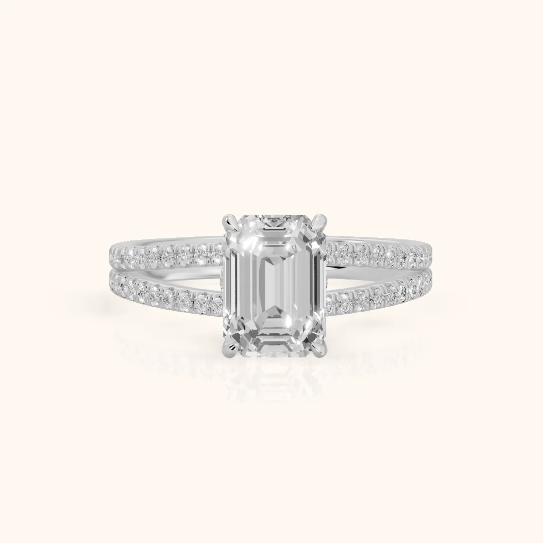 Carmel Hidden Halo Split Shank Emerald Diamond Engagement Ring in Platinum — view 2