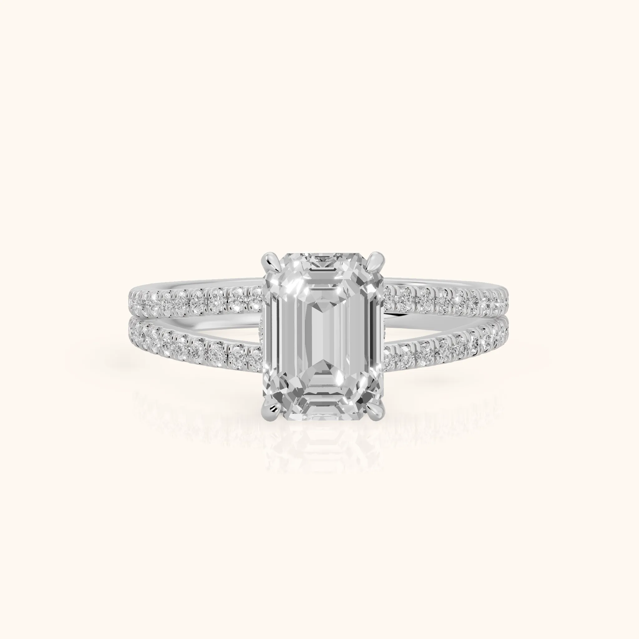 Carmel Hidden Halo Split Shank Emerald Diamond Engagement Ring in Platinum — view 1