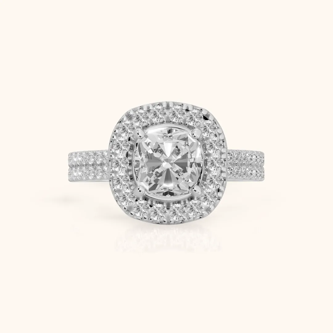 Blythe Halo Split Shank Cushion Diamond Engagement Ring in Platinum — view 2