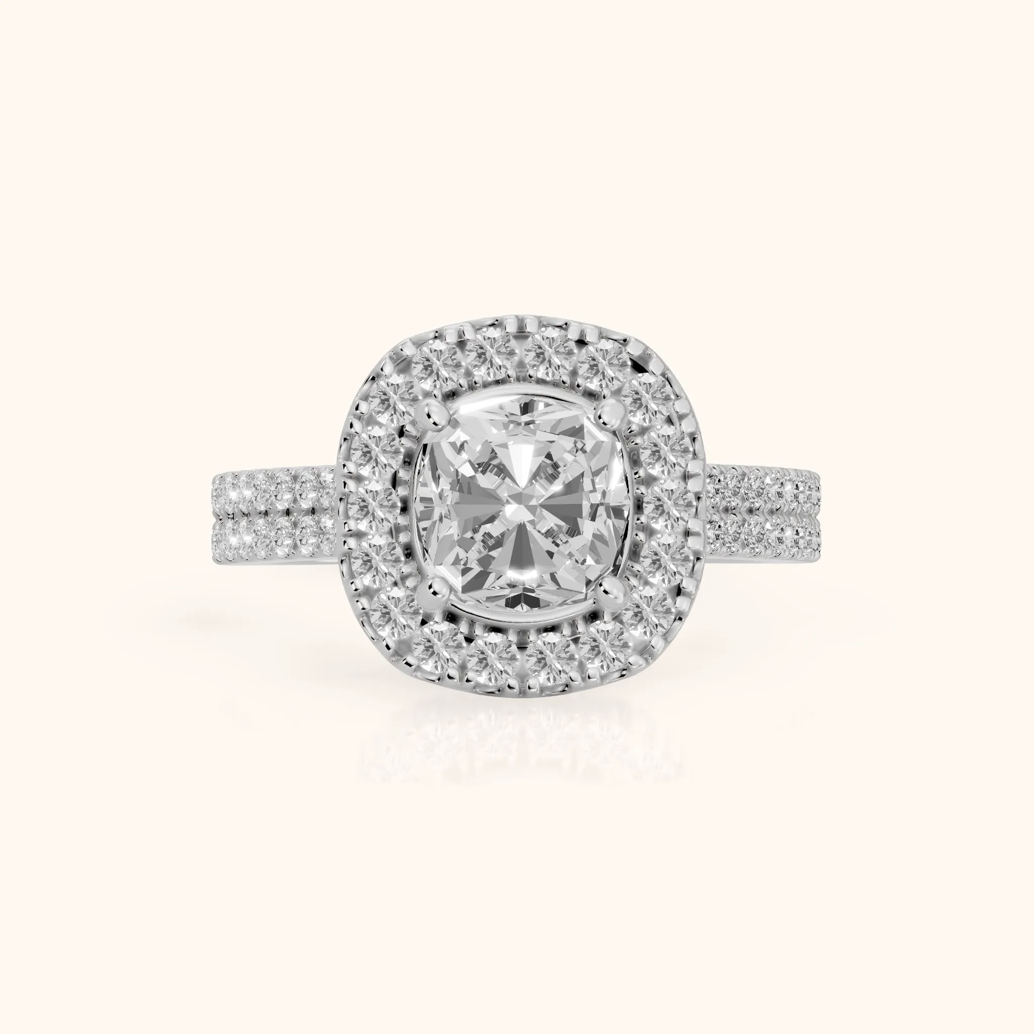 Blythe Halo Split Shank Cushion Diamond Engagement Ring in Platinum — view 1
