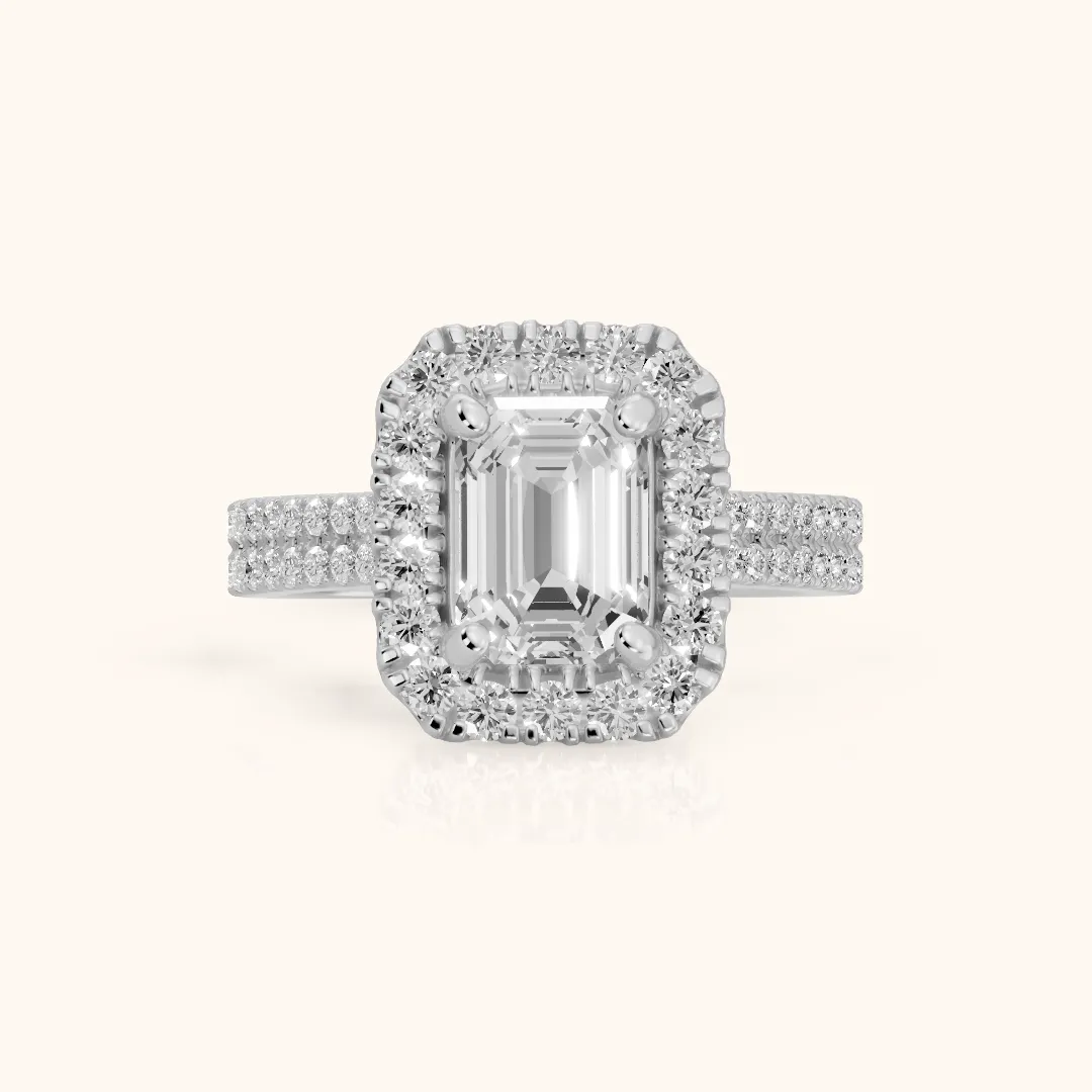 Blythe Halo Split Shank Emerald Diamond Engagement Ring in White Gold — view 2