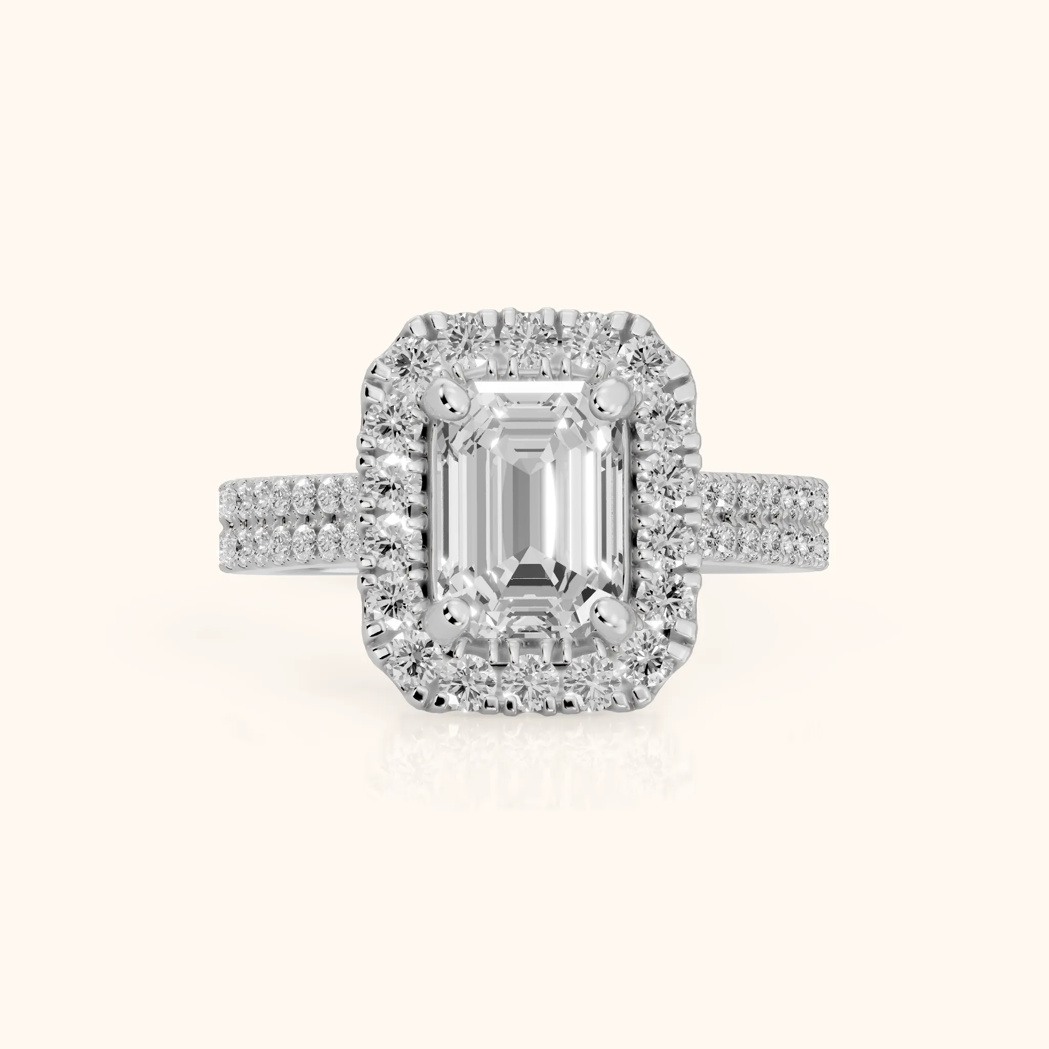 Blythe Halo Split Shank Emerald Diamond Engagement Ring in White Gold — view 1