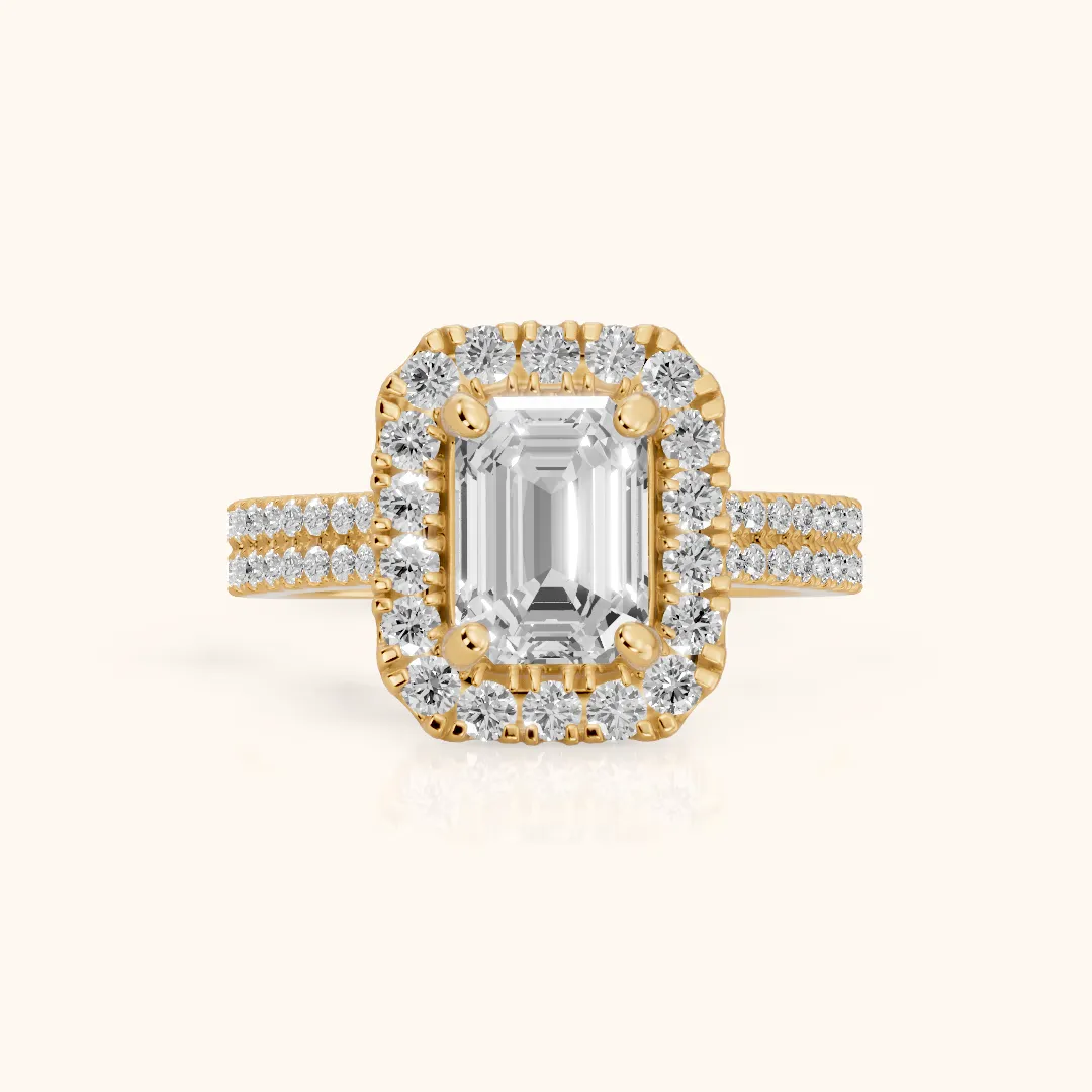 Blythe Halo Split Shank Emerald Diamond Engagement Ring in Yellow Gold — view 2