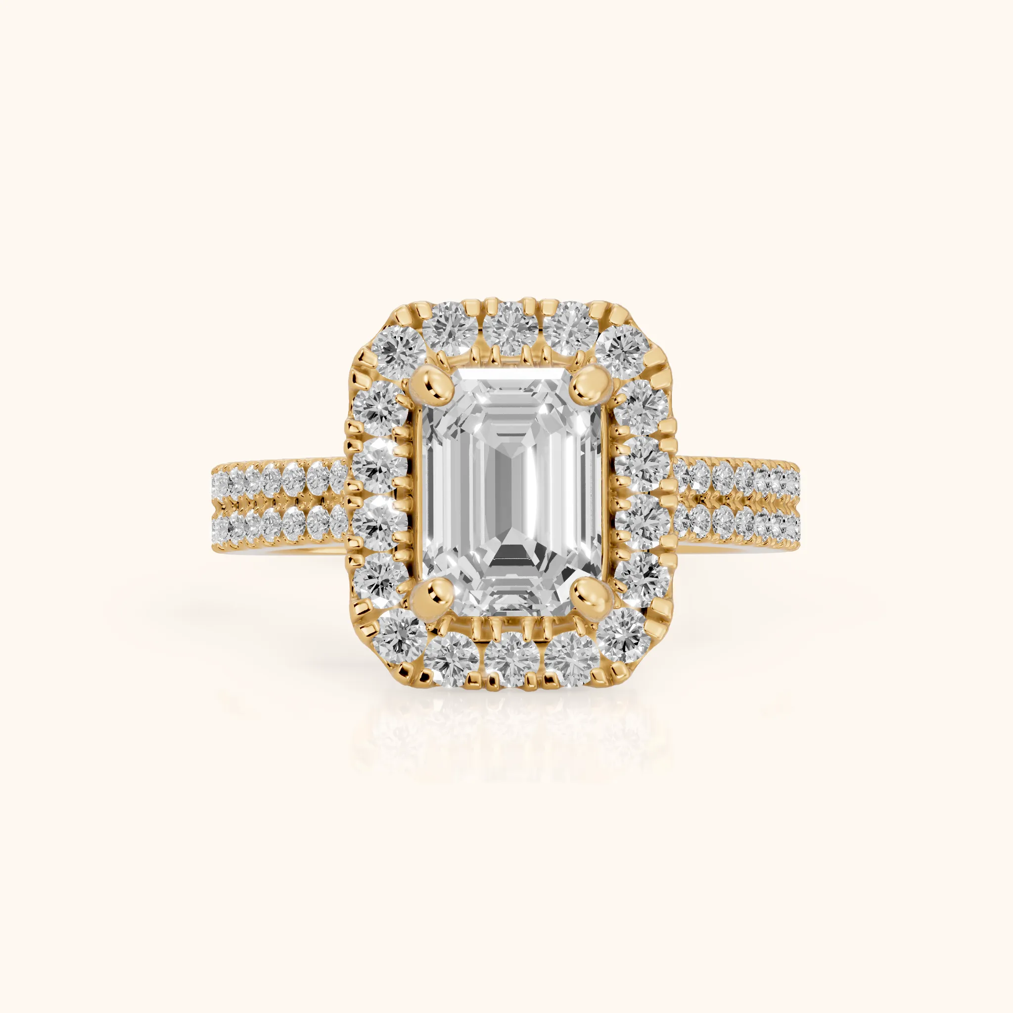 Blythe Halo Split Shank Emerald Diamond Engagement Ring in Yellow Gold — view 1
