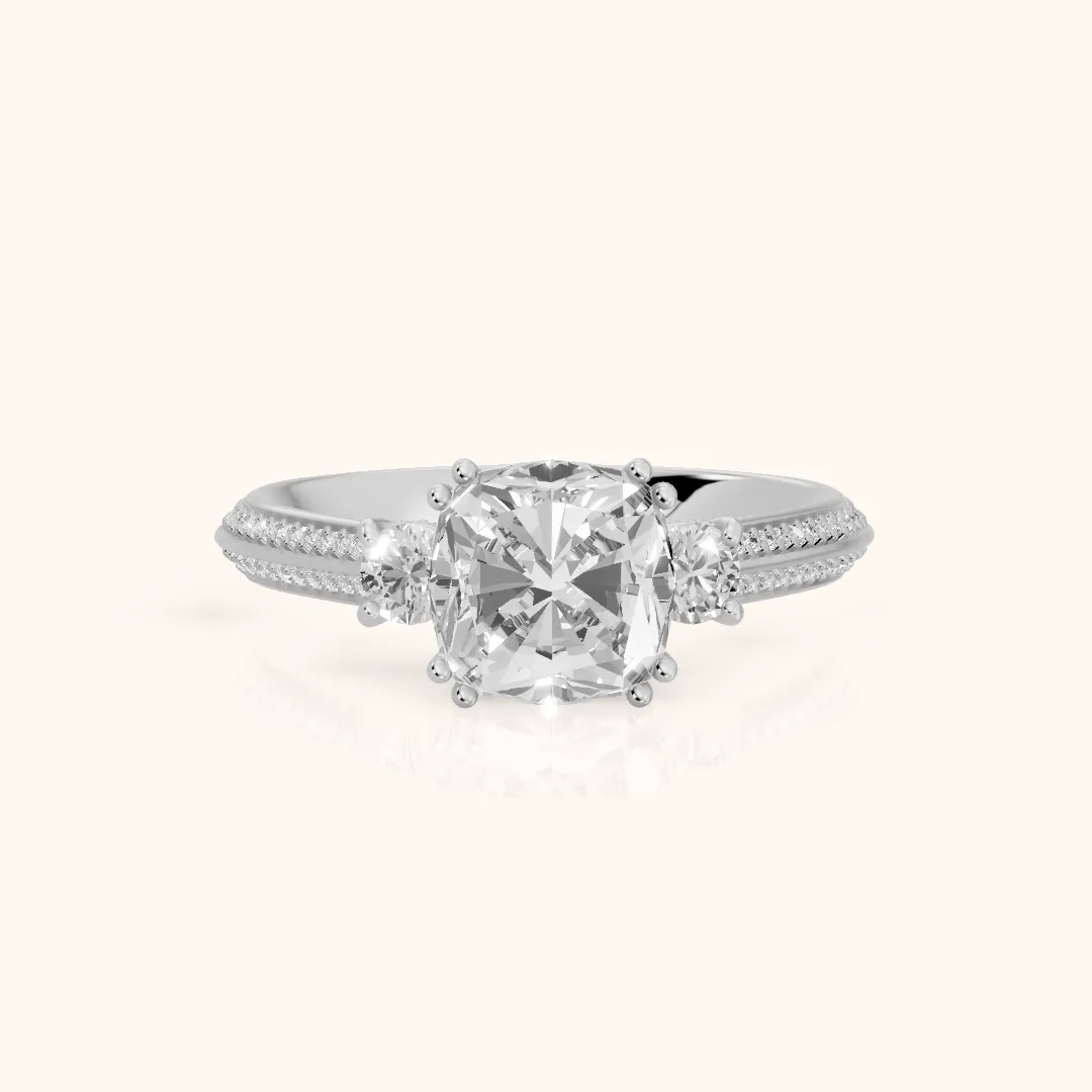 Aspen Three-Stone Knife Edge Cushion Diamond Engagement Ring in Silver — view 2