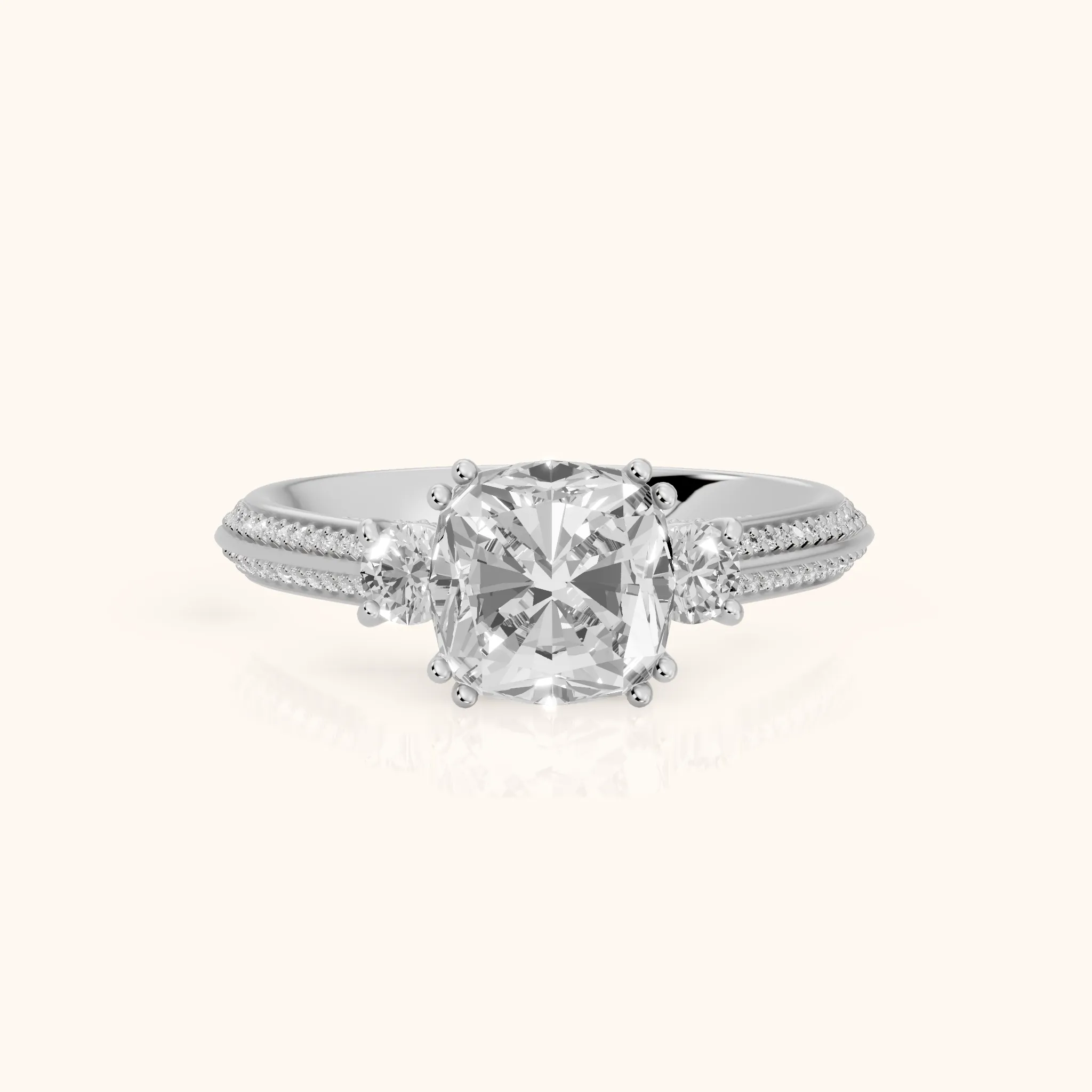 Aspen Three-Stone Knife Edge Cushion Diamond Engagement Ring in Silver — view 1