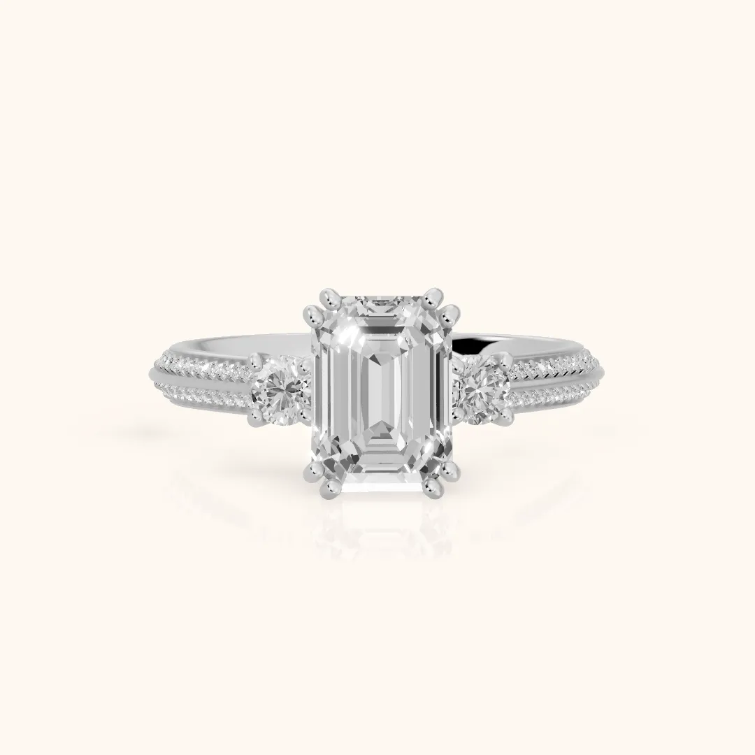 Aspen Three-Stone Knife Edge Emerald Diamond Engagement Ring in Platinum — view 2