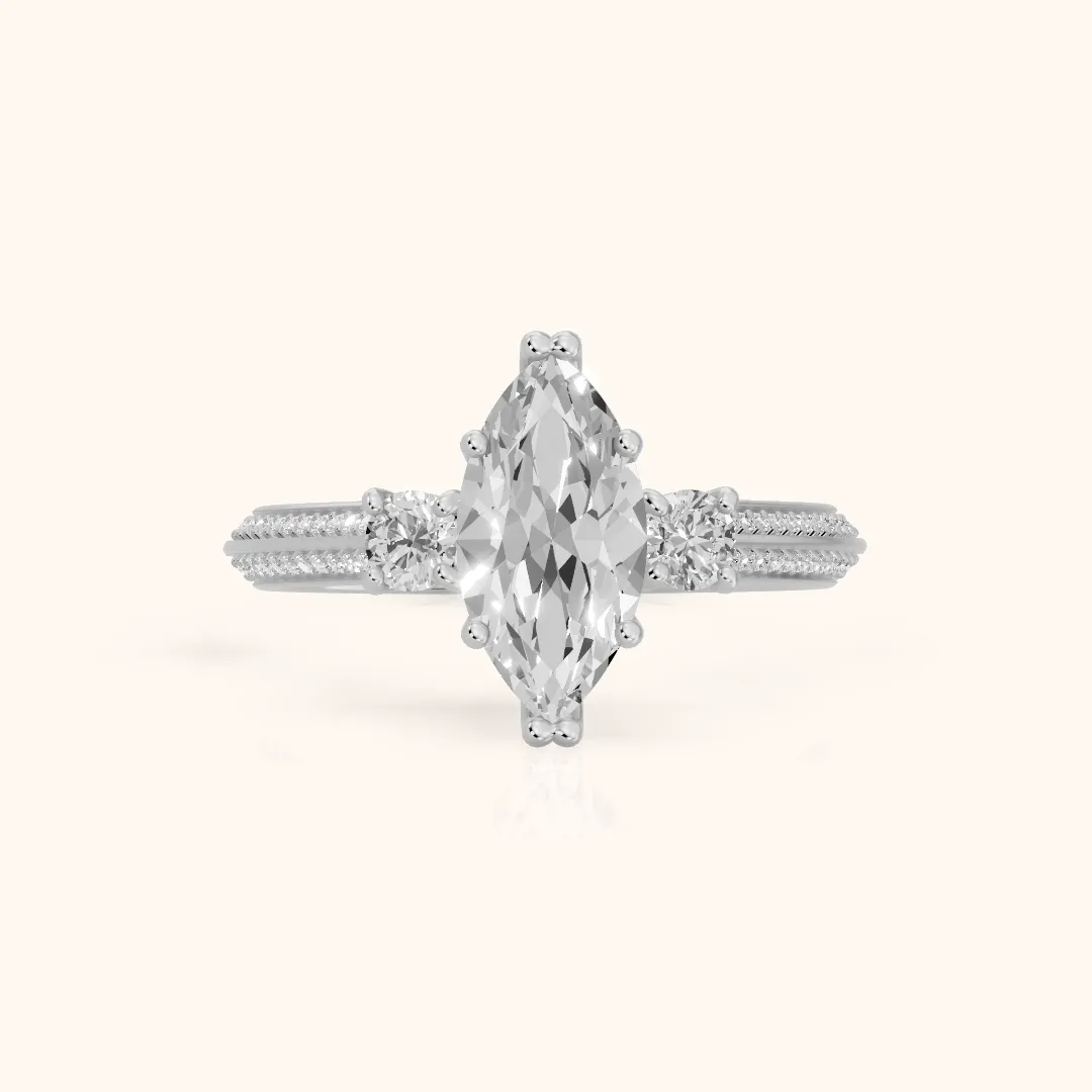 Aspen Three-Stone Knife Edge Marquise Diamond Engagement Ring in White Gold — view 2