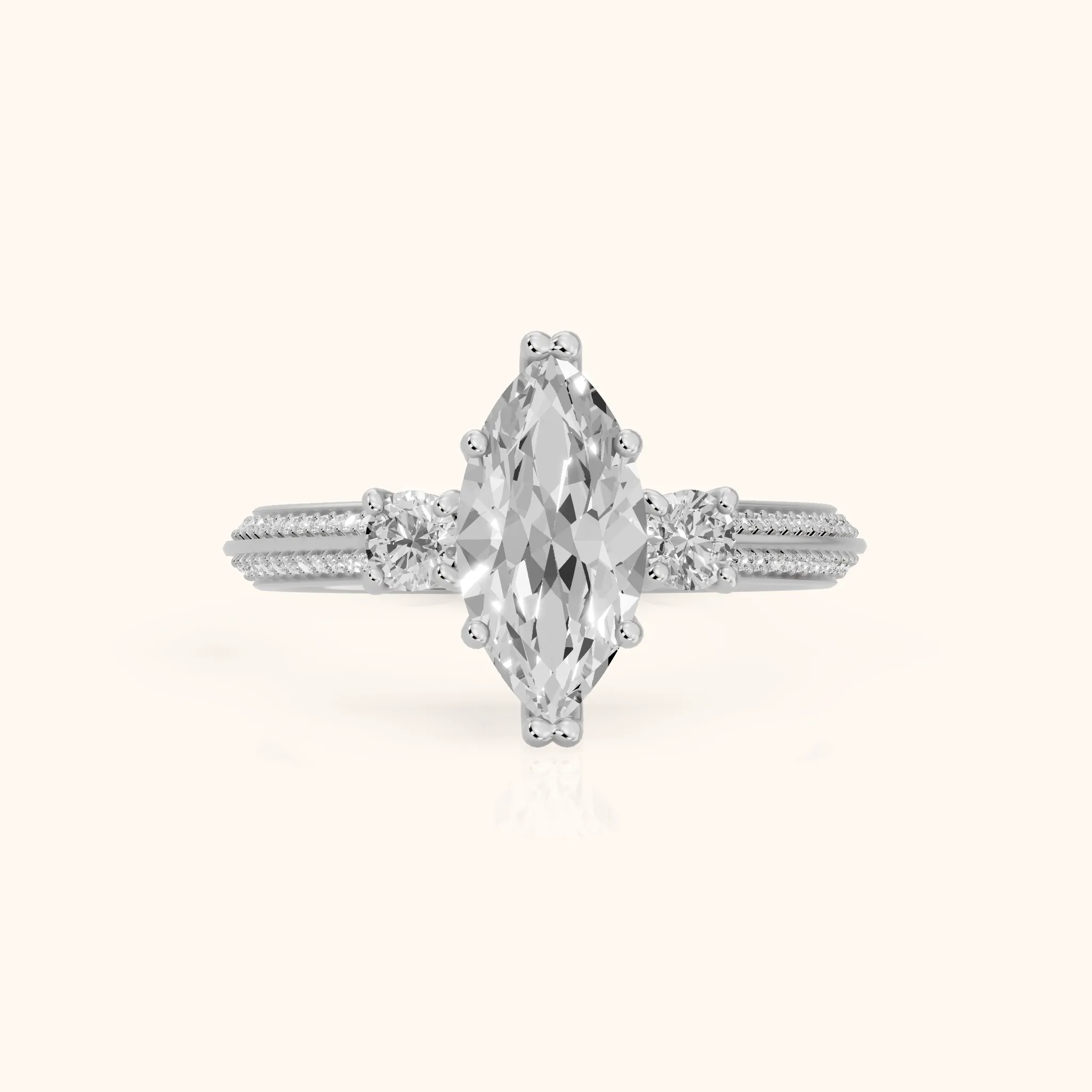 Aspen Three-Stone Knife Edge Marquise Diamond Engagement Ring in White Gold — view 1
